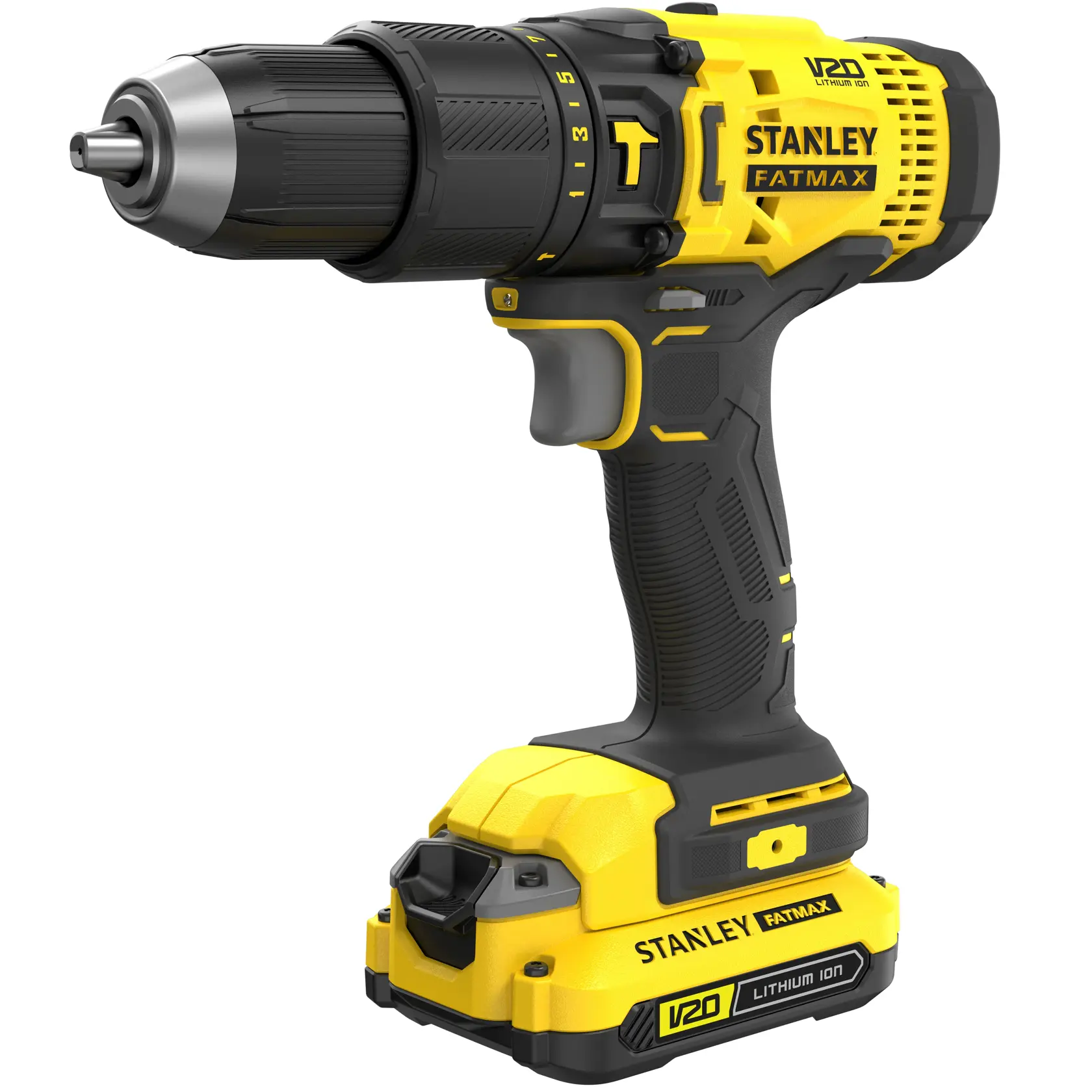 Photo de la perceuse sans fil STANLEY SFMCD711C2S jaune et noire, batterie V20 Lithium Ion, angle avant droit.