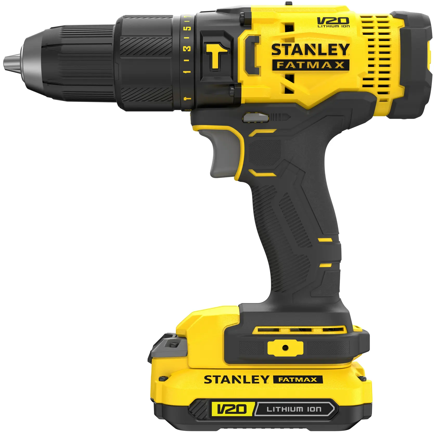 Photo de perceuse sans fil STANLEY SFMCD711C2S, jaune et noire, V20 Lithium Ion, vue de côté sur fond blanc.