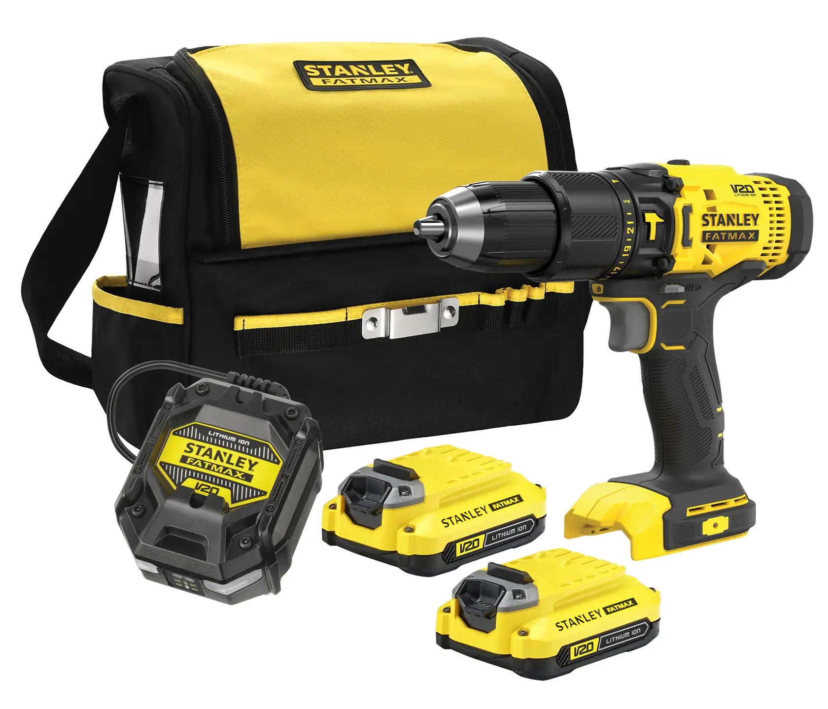 Photo du kit STANLEY SFMCD711C2S, comprenant une perceuse, un chargeur, deux batteries et un sac à outils, vue de face.