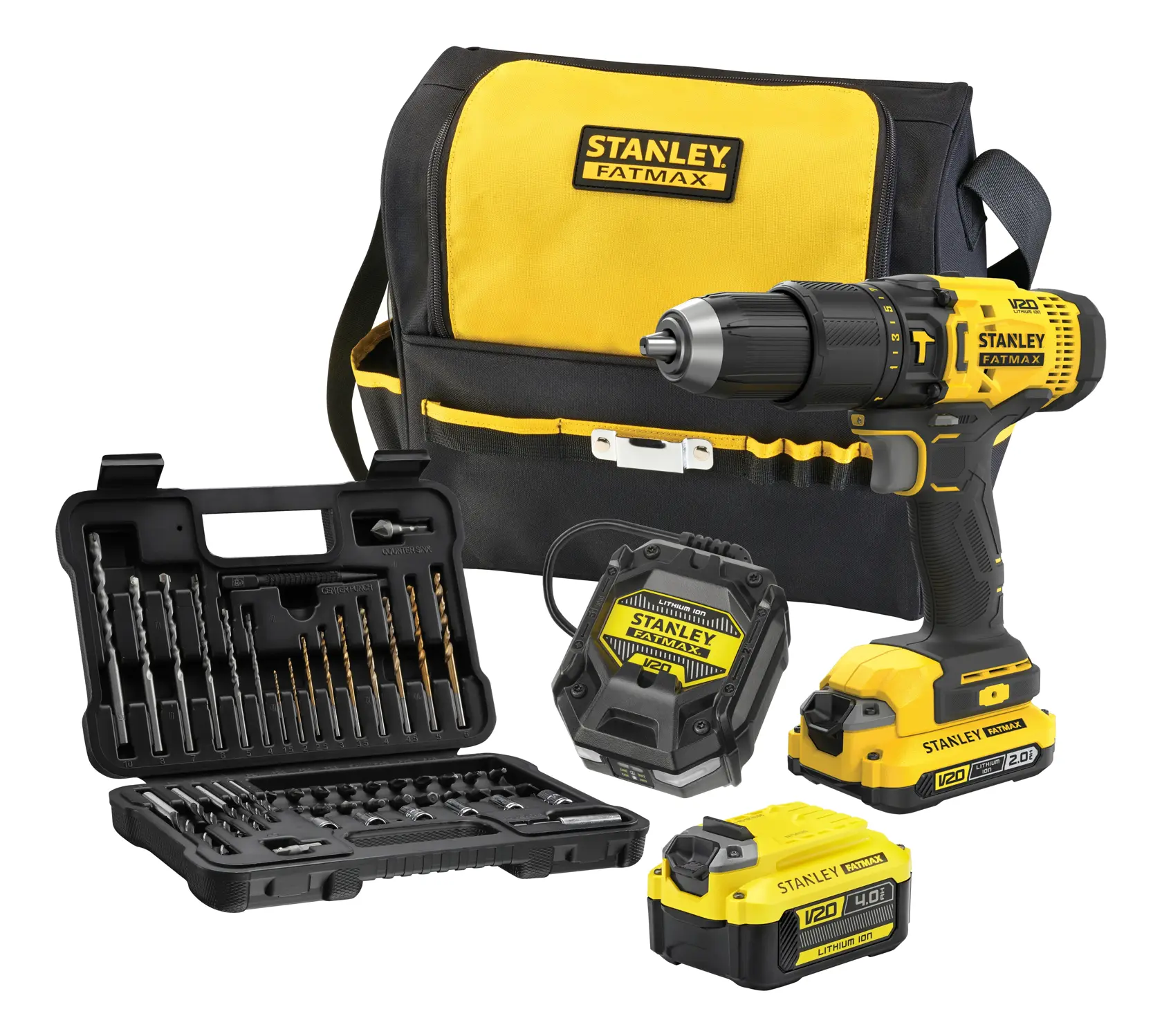 STANLEY SFMCD711DMA kit perceuse sans fil avec accessoires, batteries, chargeur et sac à outils jaune, vue de face.