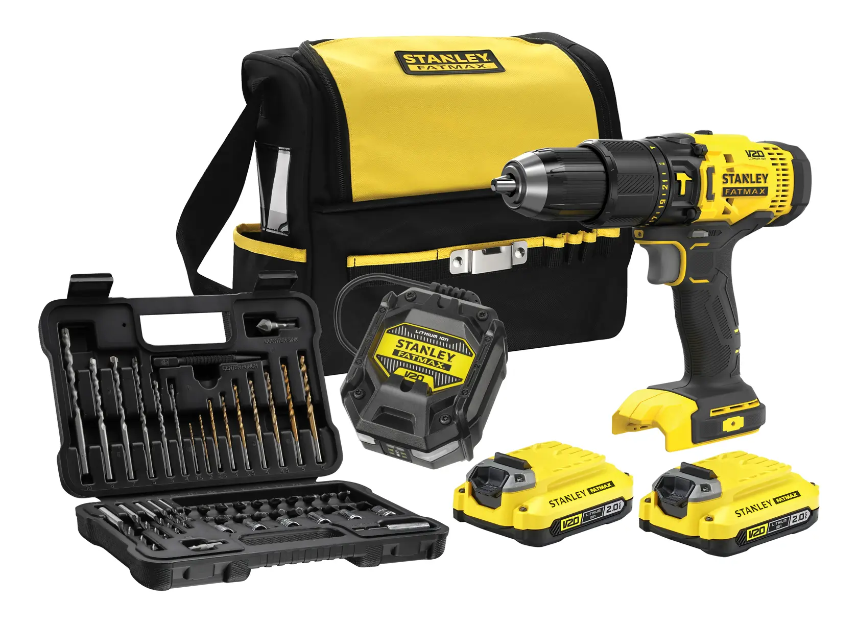 Photo du kit de perçage STANLEY SFMCD711DSA avec sac jaune-noir, accessoires, batteries et forets, vue avant.