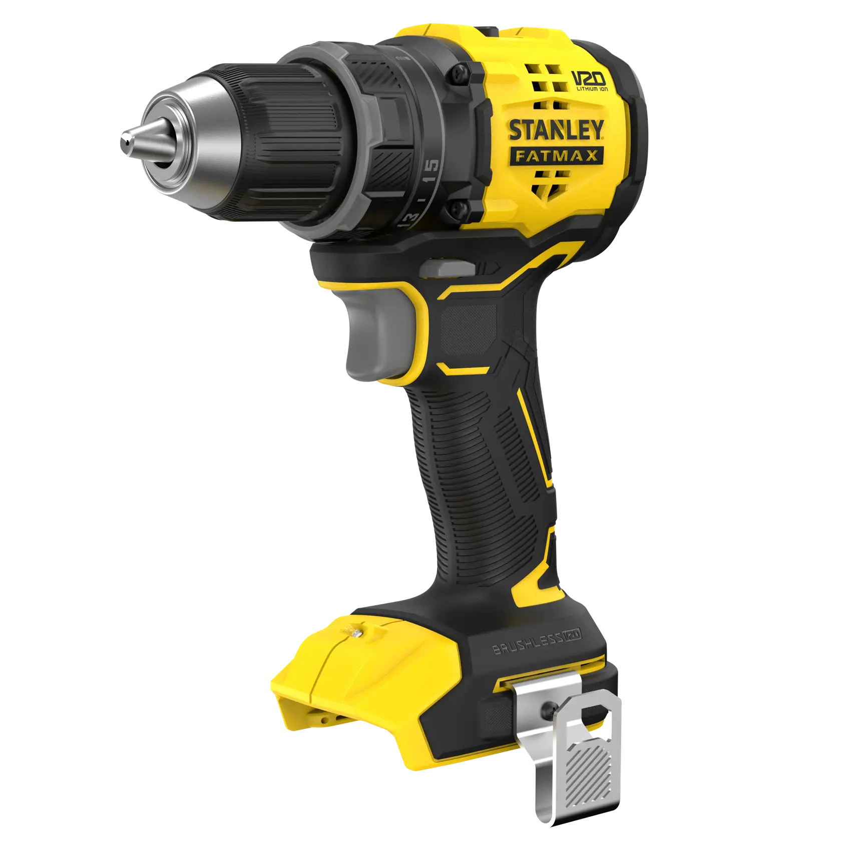 STANLEY SFMCD714B-XJ perceuse sans fil jaune et noire, vue latérale sur fond blanc.