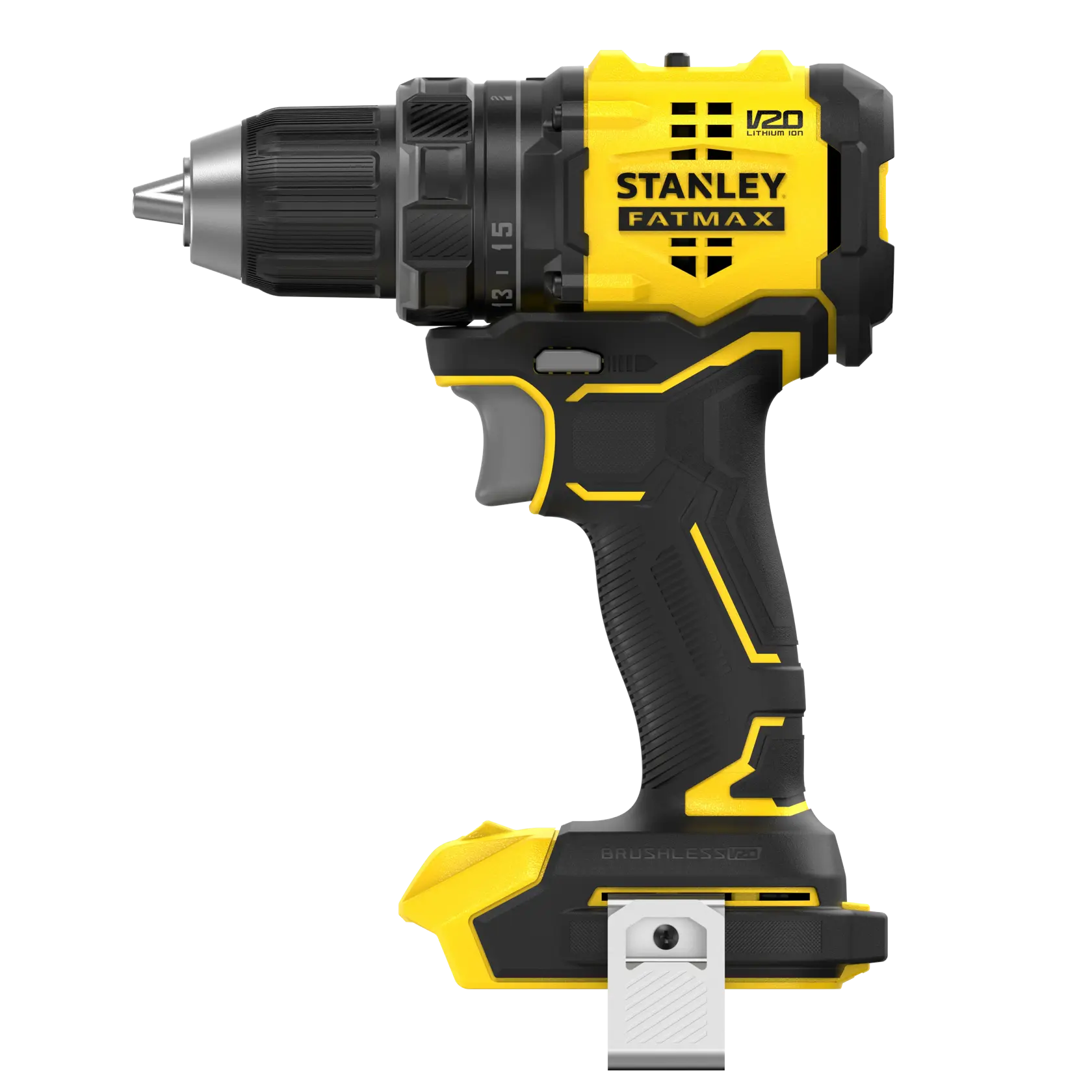 Perceuse sans fil STANLEY SFMCD714B-XJ noir et jaune, vue latérale avec moteur sans balais et clip ceinture métallique.