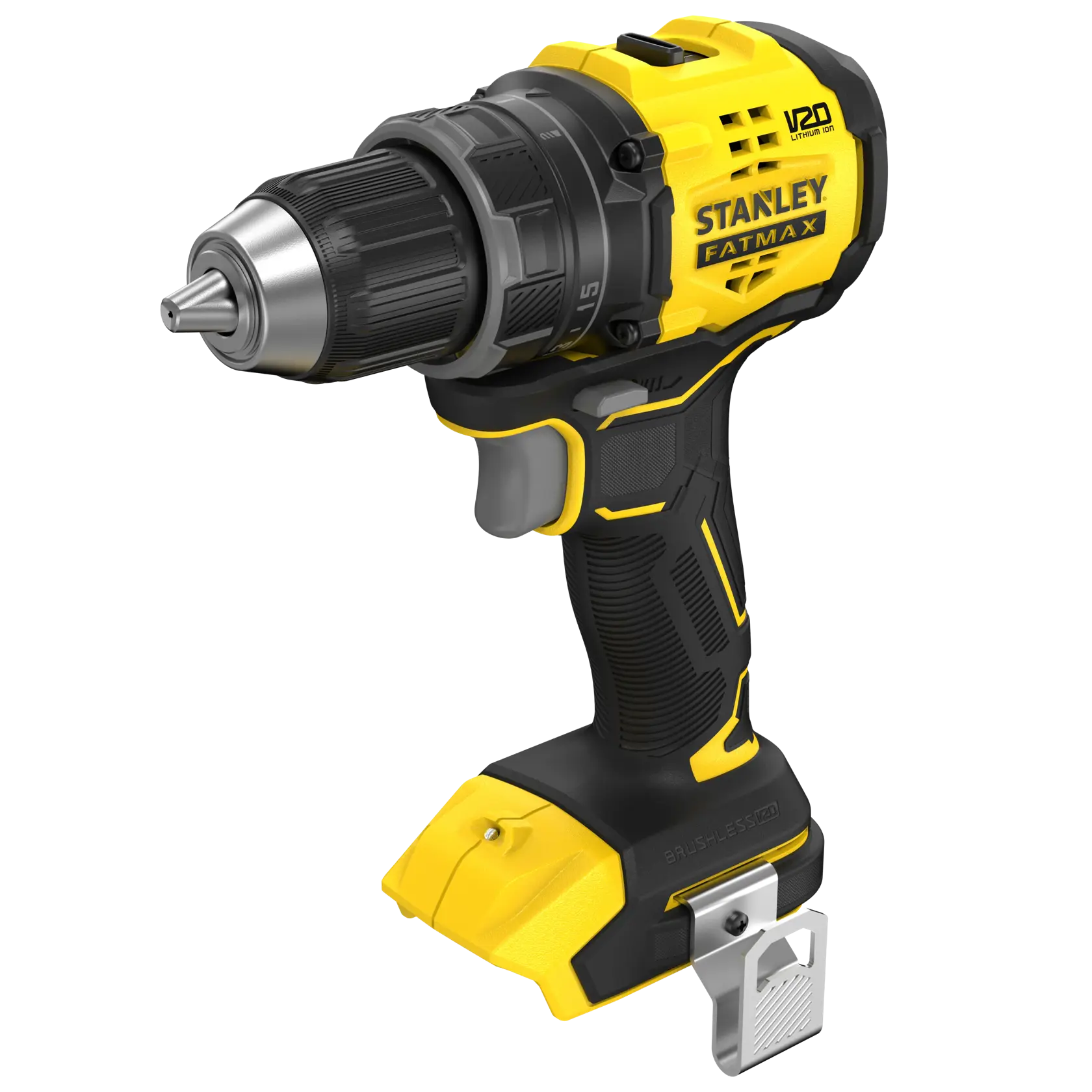 STANLEY SFMCD714B-XJ perceuse sans fil, jaune et noire, angle latéral, brushless, série FATMAX V20.