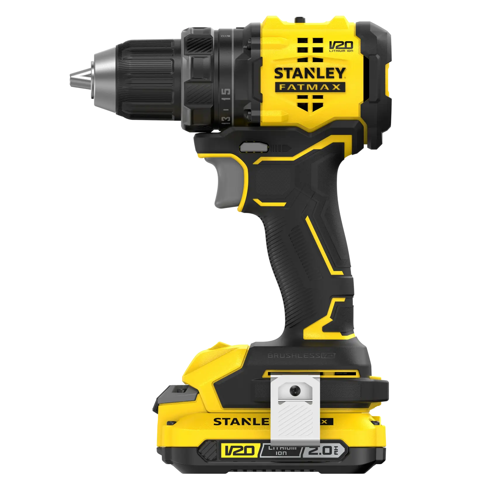 Photo de la perceuse sans fil STANLEY SFMCD714D2T, jaune et noire, vue latérale sur fond blanc.