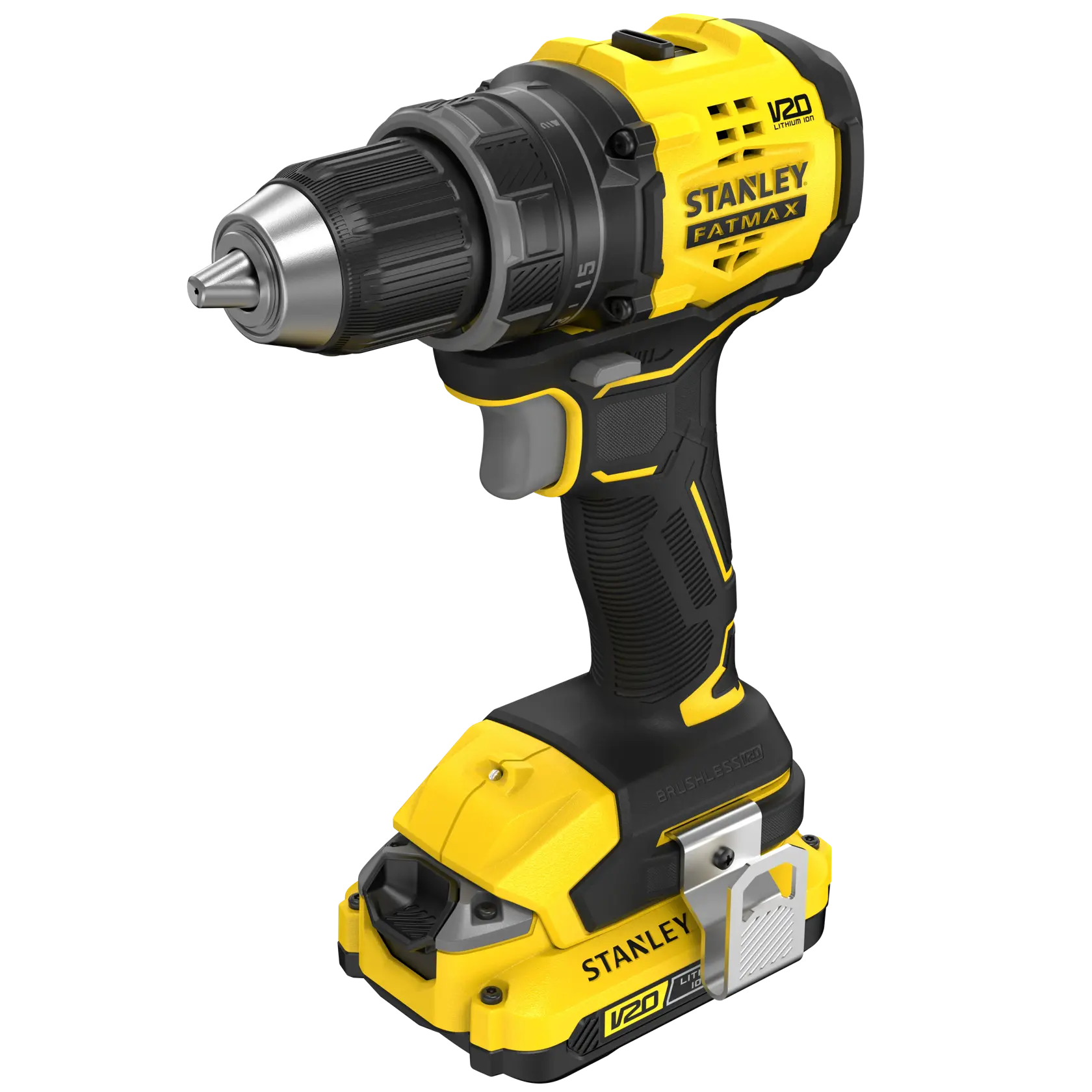 Photo de la perceuse sans fil STANLEY SFMCD714D2T, jaune et noire, vue avant gauche, catégorie outils.