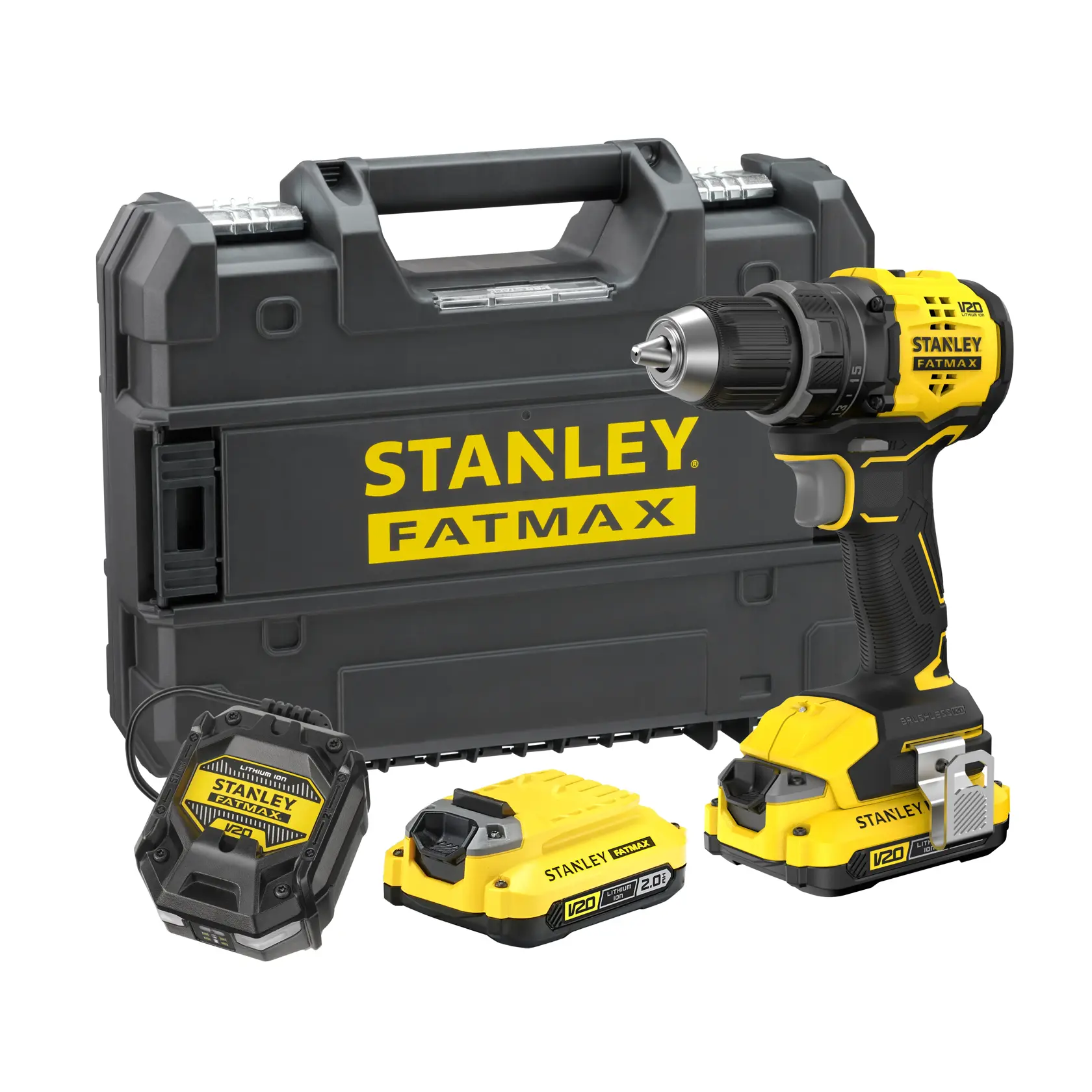 Kit perceuse sans fil STANLEY SFMCD714D2T avec mallette, chargeur et deux batteries jaunes, vue de face.