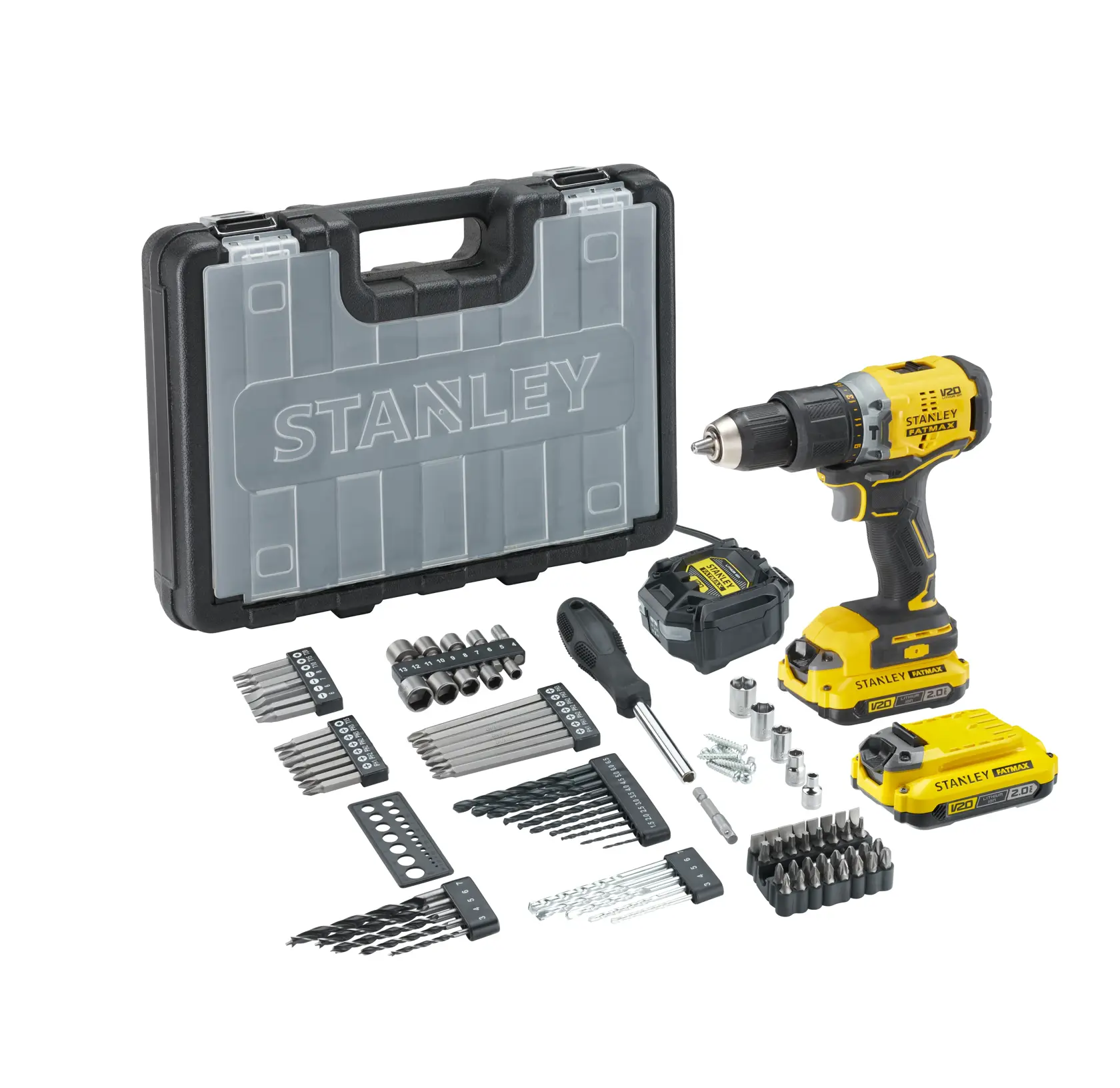 Stanley SFMCD715D2A set de perceuse sans fil avec perceuse jaune, deux batteries, accessoires et mallette noire, vue avant.