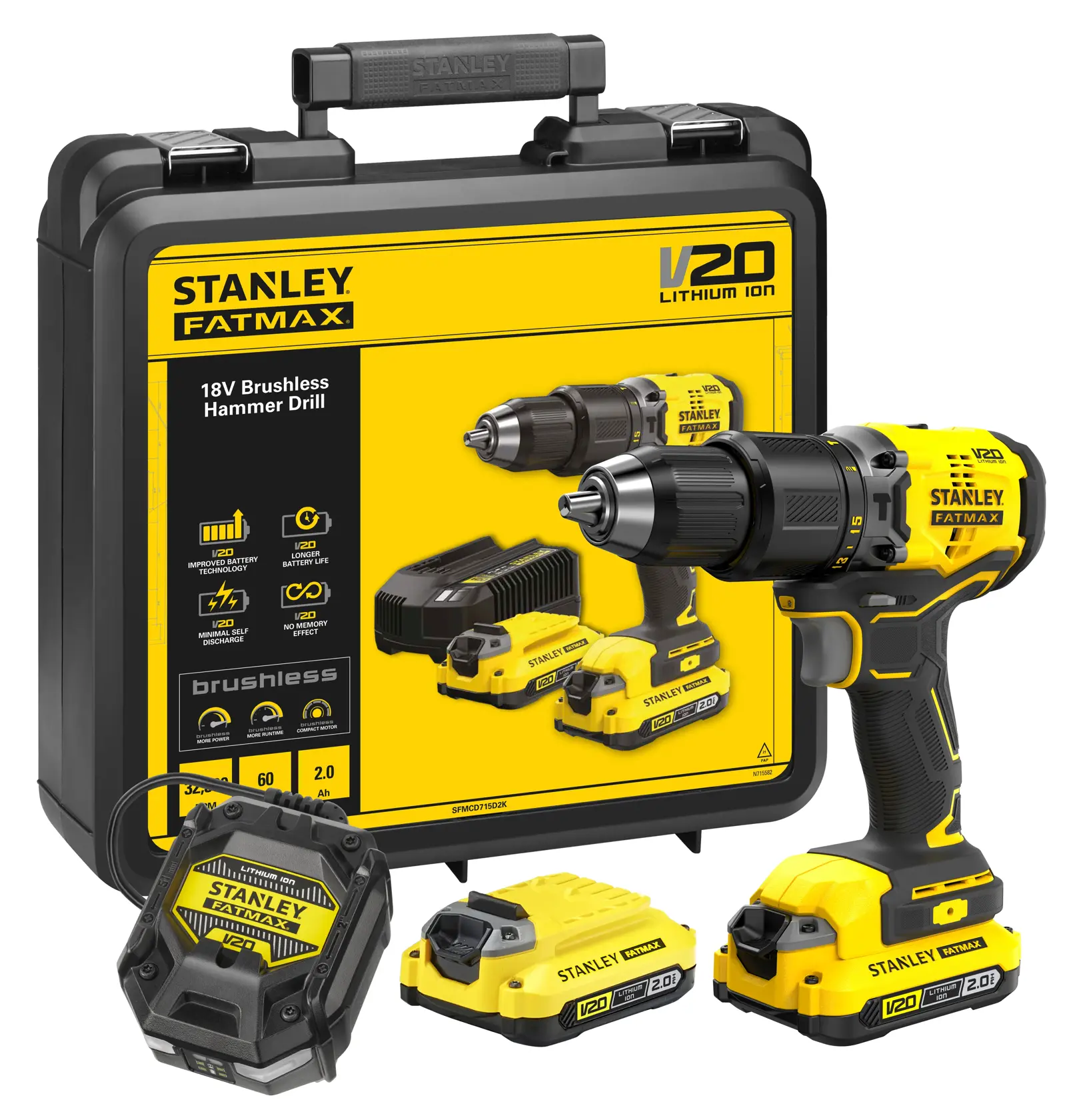 STANLEY SFMCD715D2K V20 kit perceuse à percussion, 18V brushless, jaune-noir, avec batteries et coffret, vue de face.