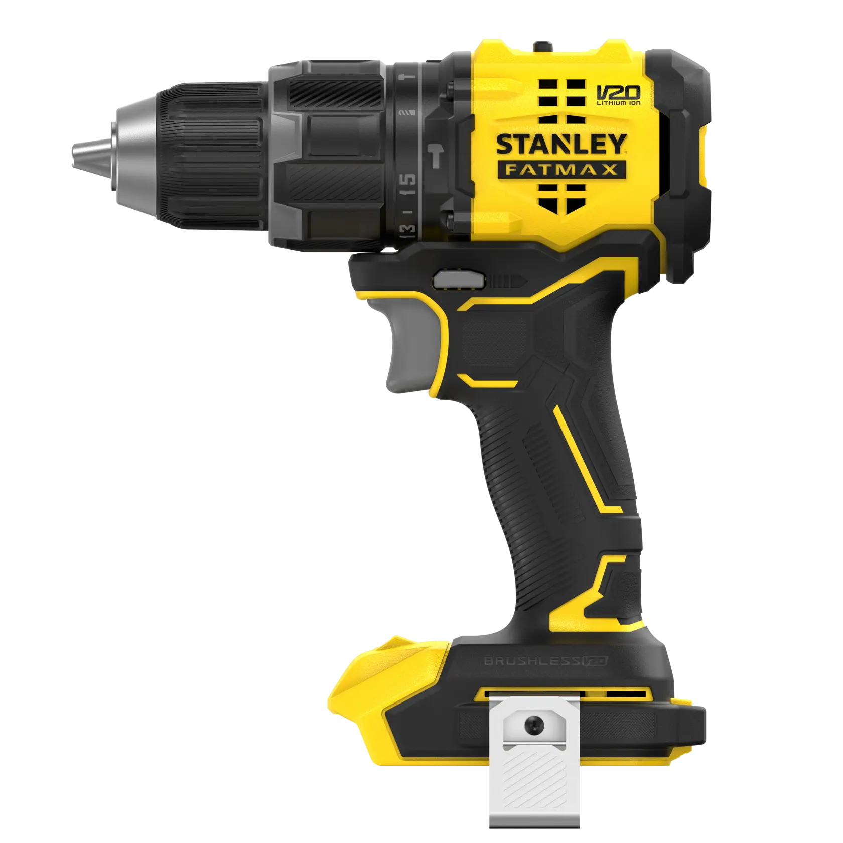 Photo de la perceuse-visseuse sans fil STANLEY SFMCD716B-XJ, jaune et noire, vue latérale, avec logo visible.
