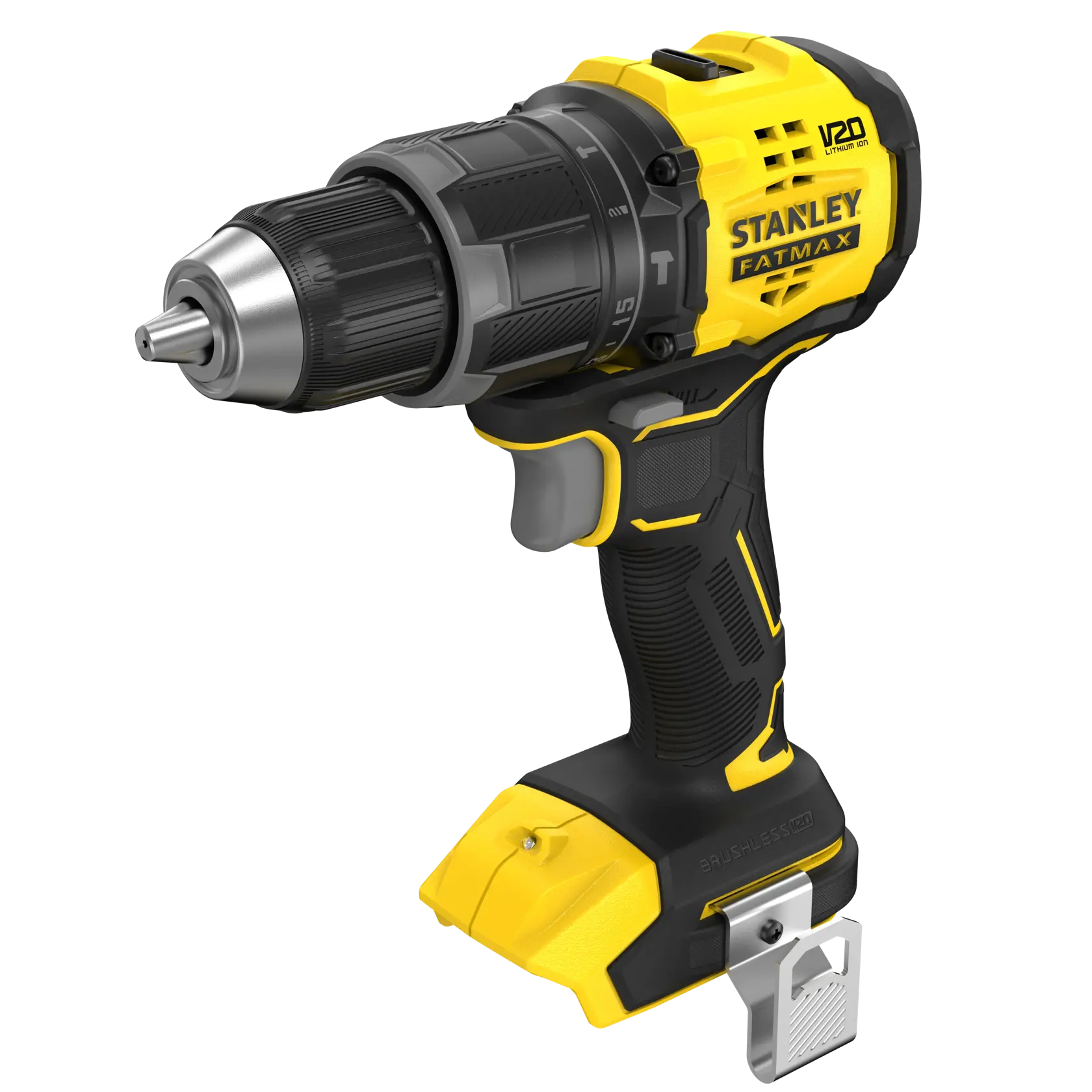 Perceuse sans fil STANLEY SFMCD716B-XJ jaune et noire, vue en angle sur fond blanc.