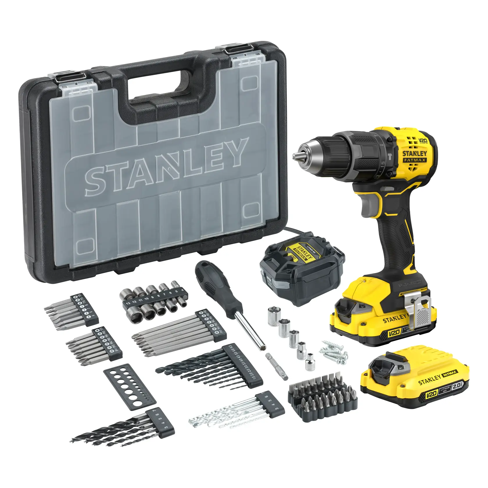 Stanley SFMCD716D2A kit de perceuse avec perceuse sans fil jaune, deux batteries, mallette, embouts, douilles, accessoires.