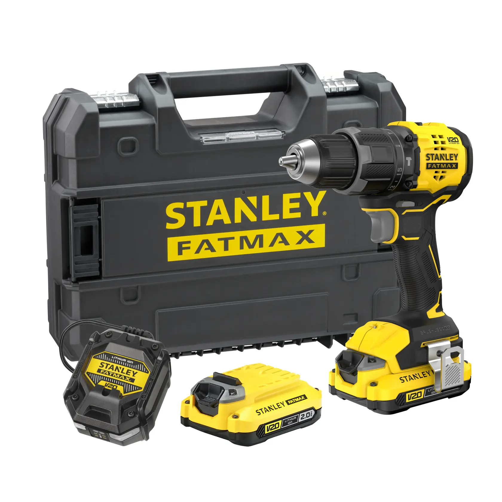 Kit de perceuse STANLEY SFMCD716D2T avec batteries V20, chargeur et mallette, vue de face sur fond blanc.
