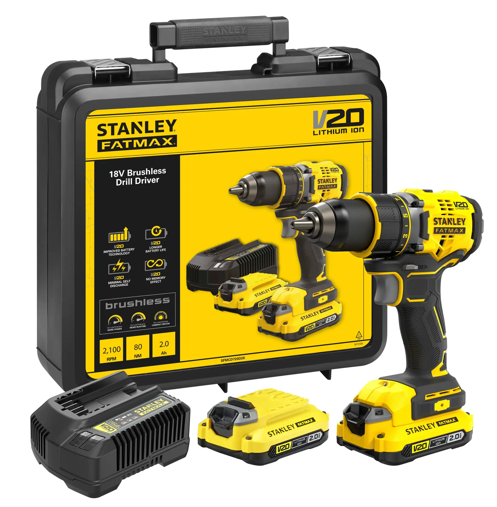 STANLEY SFMCD720D2K perceuse-visseuse sans fil, jaune et noire, vue latérale, avec batterie V20 lithium-ion 2,0Ah.