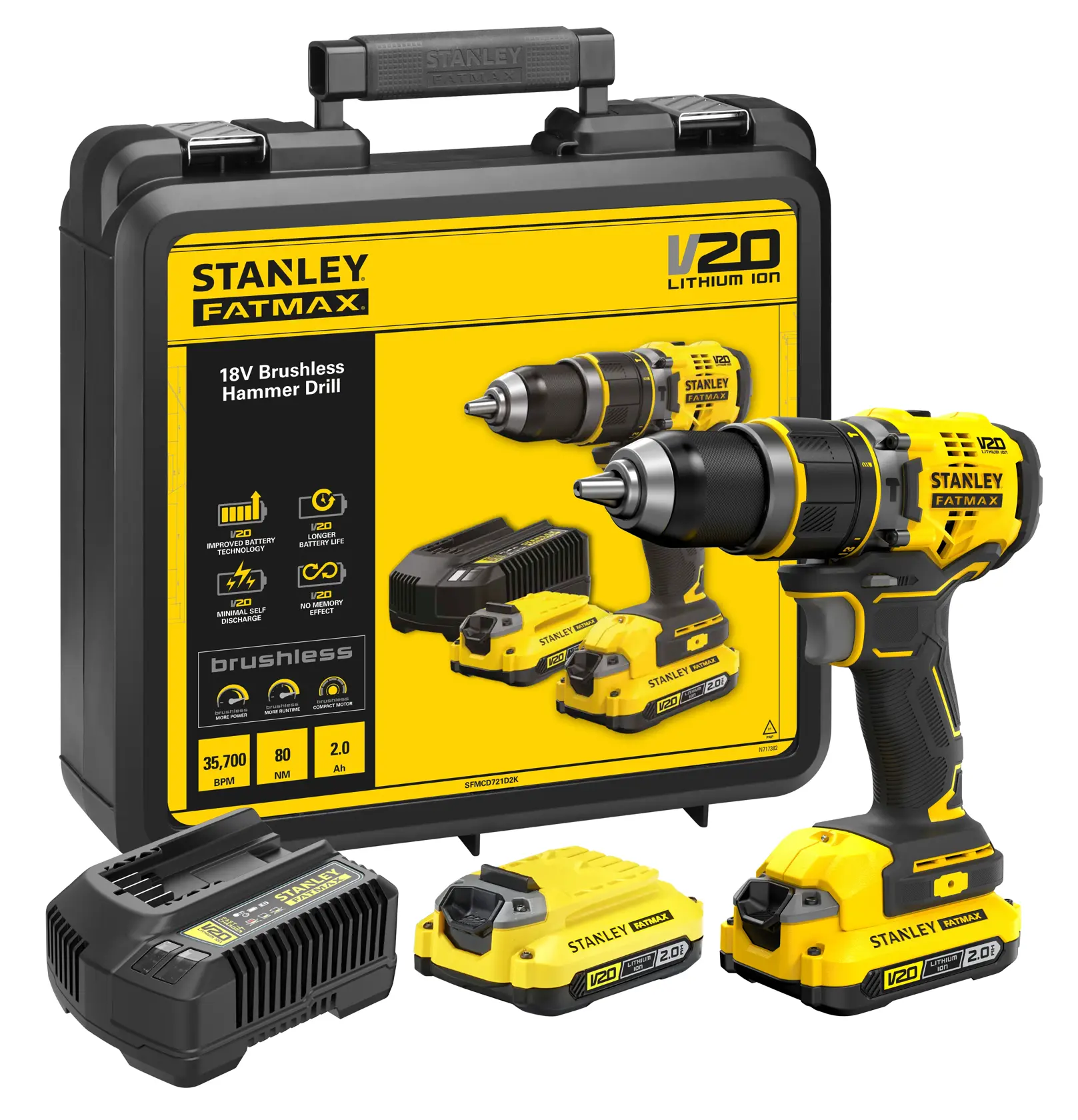 STANLEY SFMCD721D2K perceuse à percussion brushless 18V avec mallette, chargeur et deux batteries, vue de face.