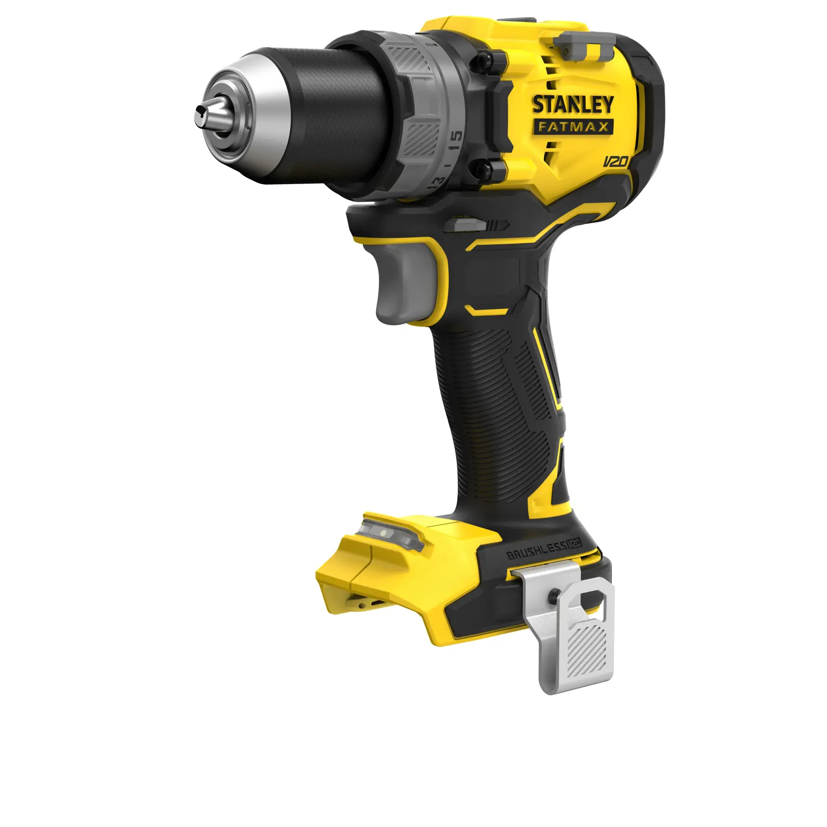 Photo de la perceuse sans fil STANLEY SFMCD725B, jaune et noire, vue latérale sur fond blanc.