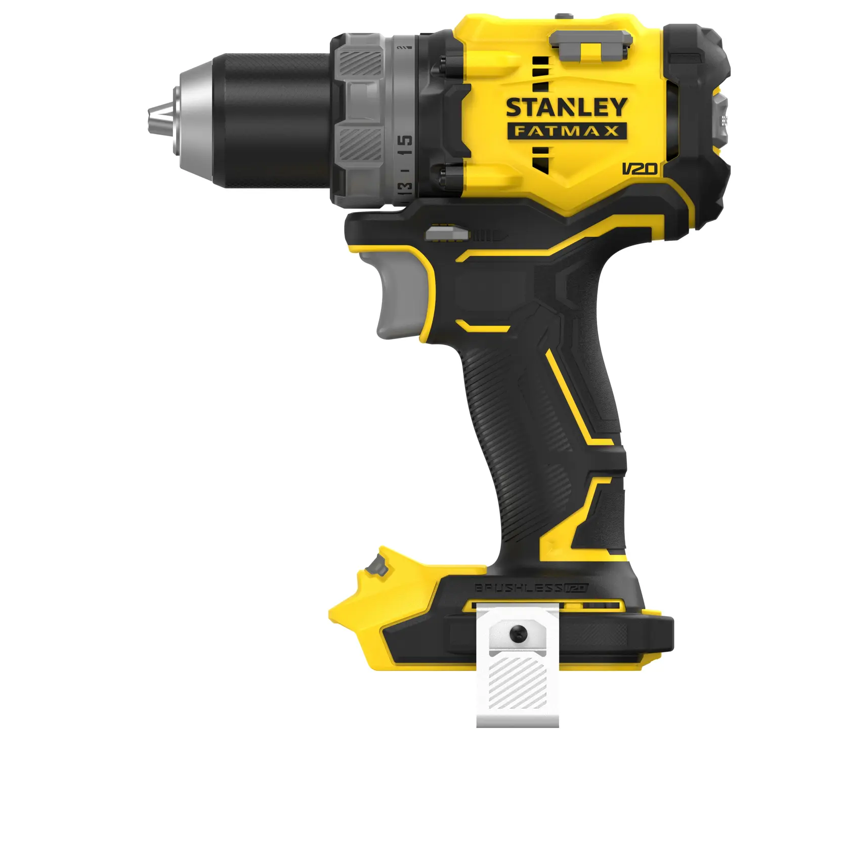 Foto del trapano a batteria STANLEY SFMCD725B, giallo e nero, vista laterale su sfondo bianco.