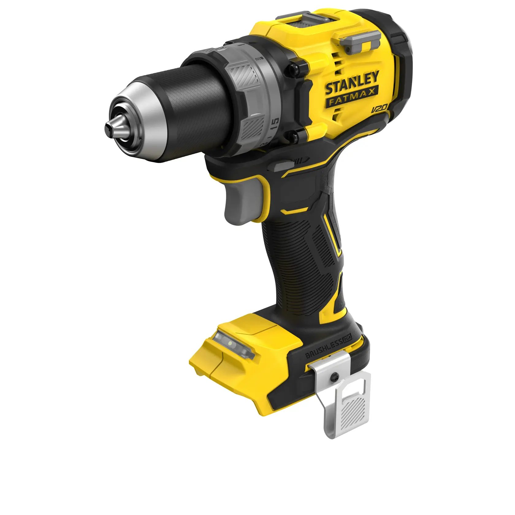Foto del trapano avvitatore a batteria STANLEY SFMCD725B, giallo e nero, vista laterale, senza batteria.