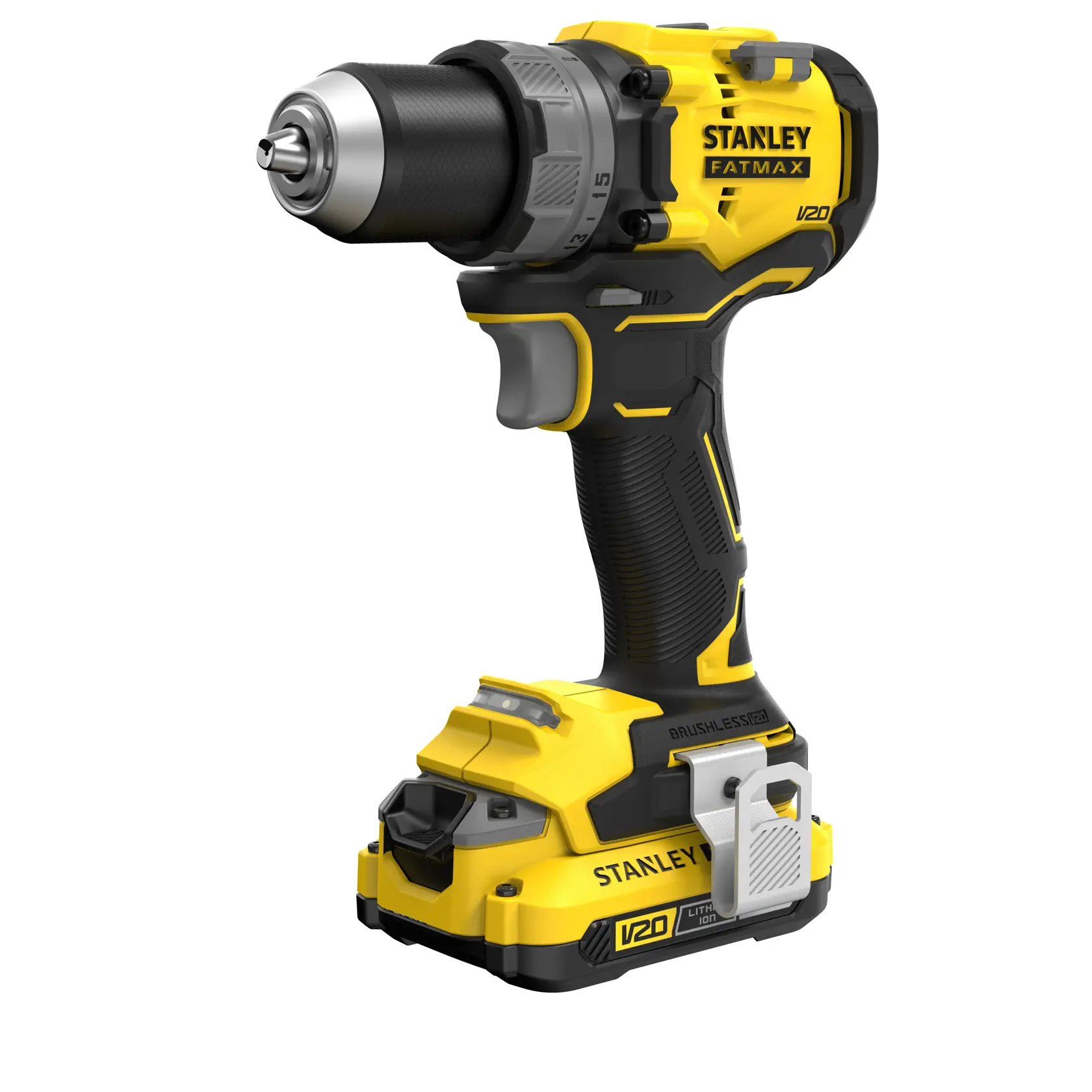 Perceuse sans fil STANLEY SFMCD725D2K V20, jaune et noire, angle latéral, moteur sans balais visible.