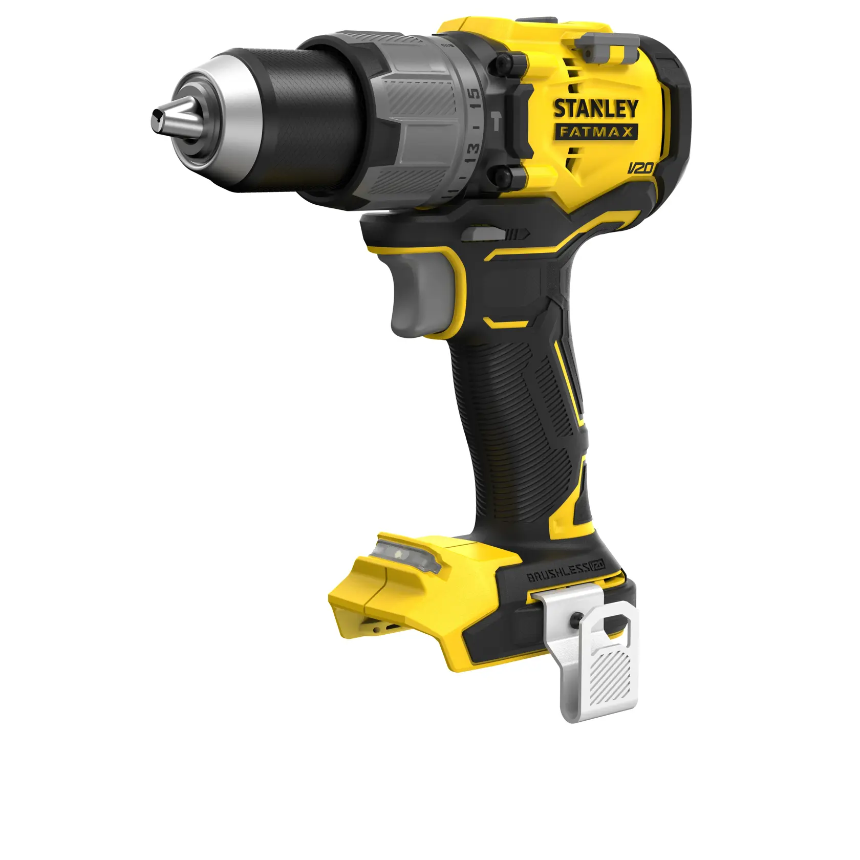 Perceuse sans fil brushless STANLEY SFMCD726B, jaune et noire, vue latérale sur fond blanc.