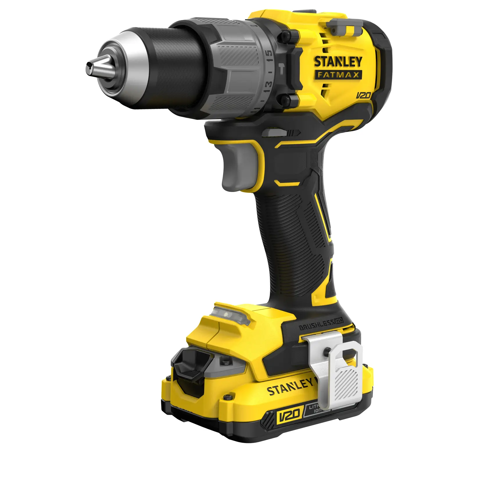 Perceuse sans fil STANLEY SFMCD726D2K, jaune et noire, vue latérale, conception compacte avec batterie.