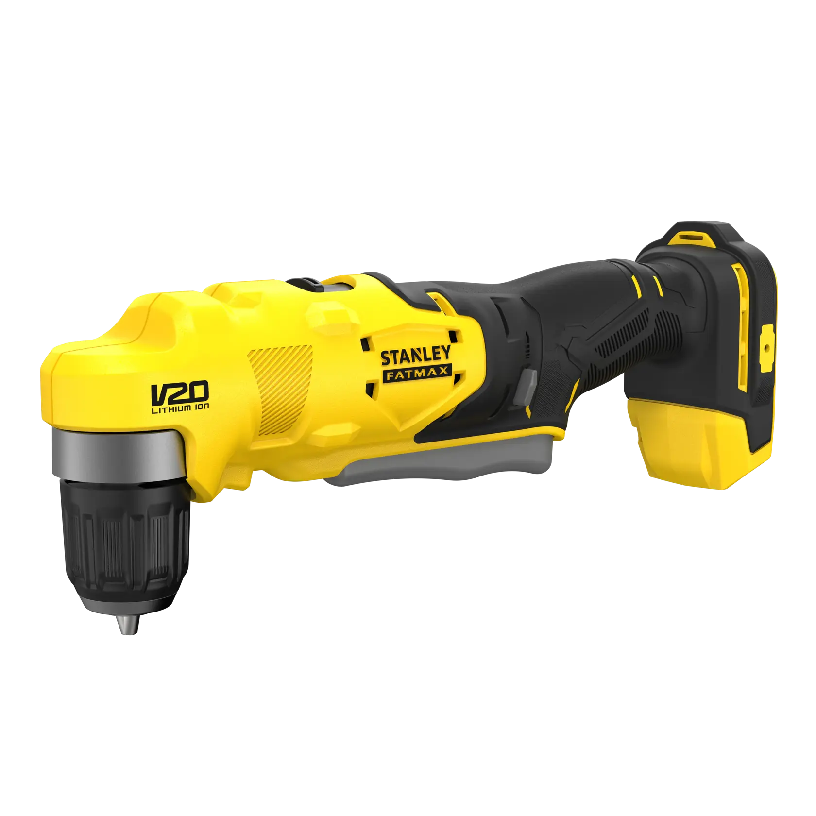 STANLEY SFMCD750B perceuse angulaire sans fil, jaune et noir, vue latérale, V20 Lithium Ion.