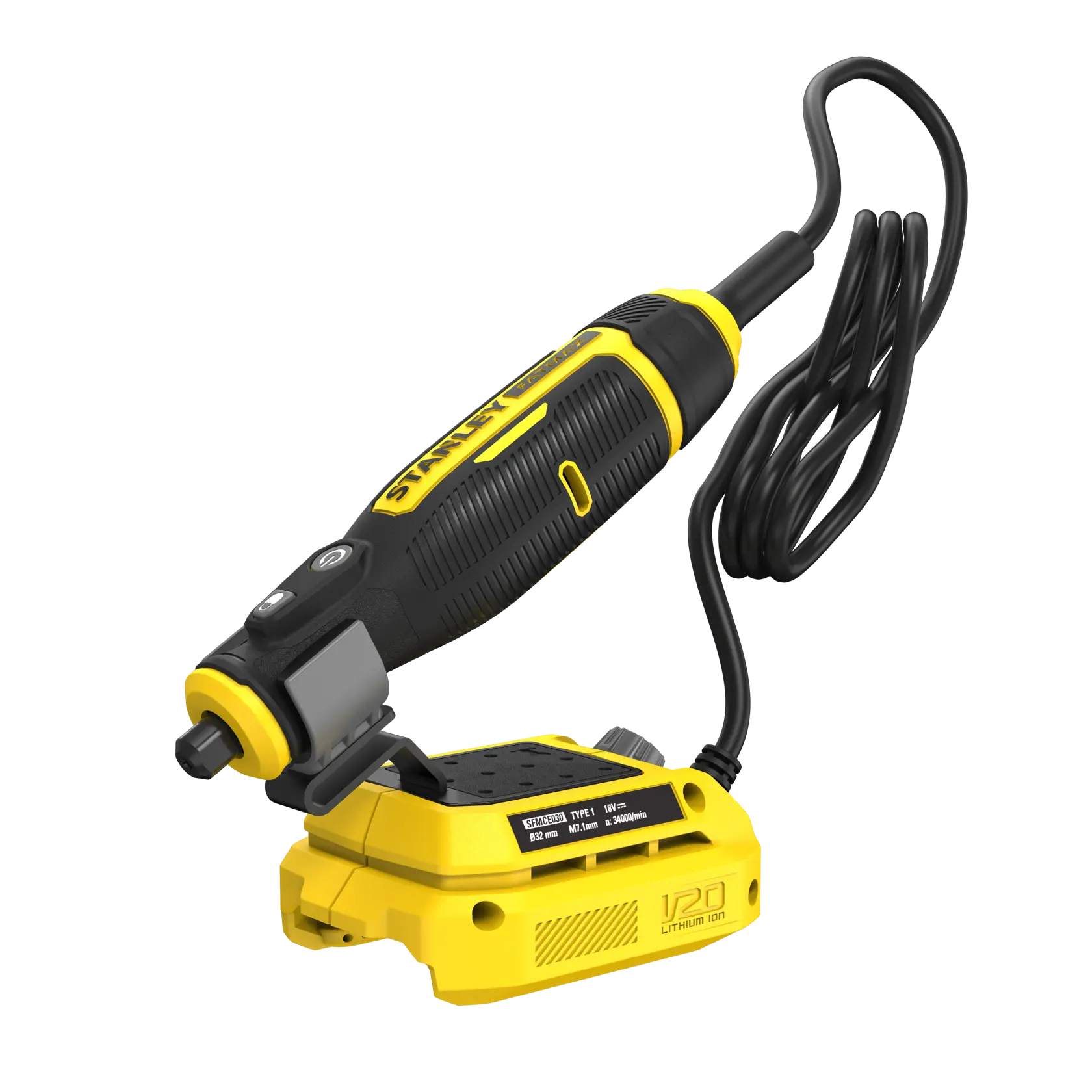 Utensile rotante STANLEY SFMCE030B con cavo, giallo e nero, angolo frontale su sfondo bianco.
