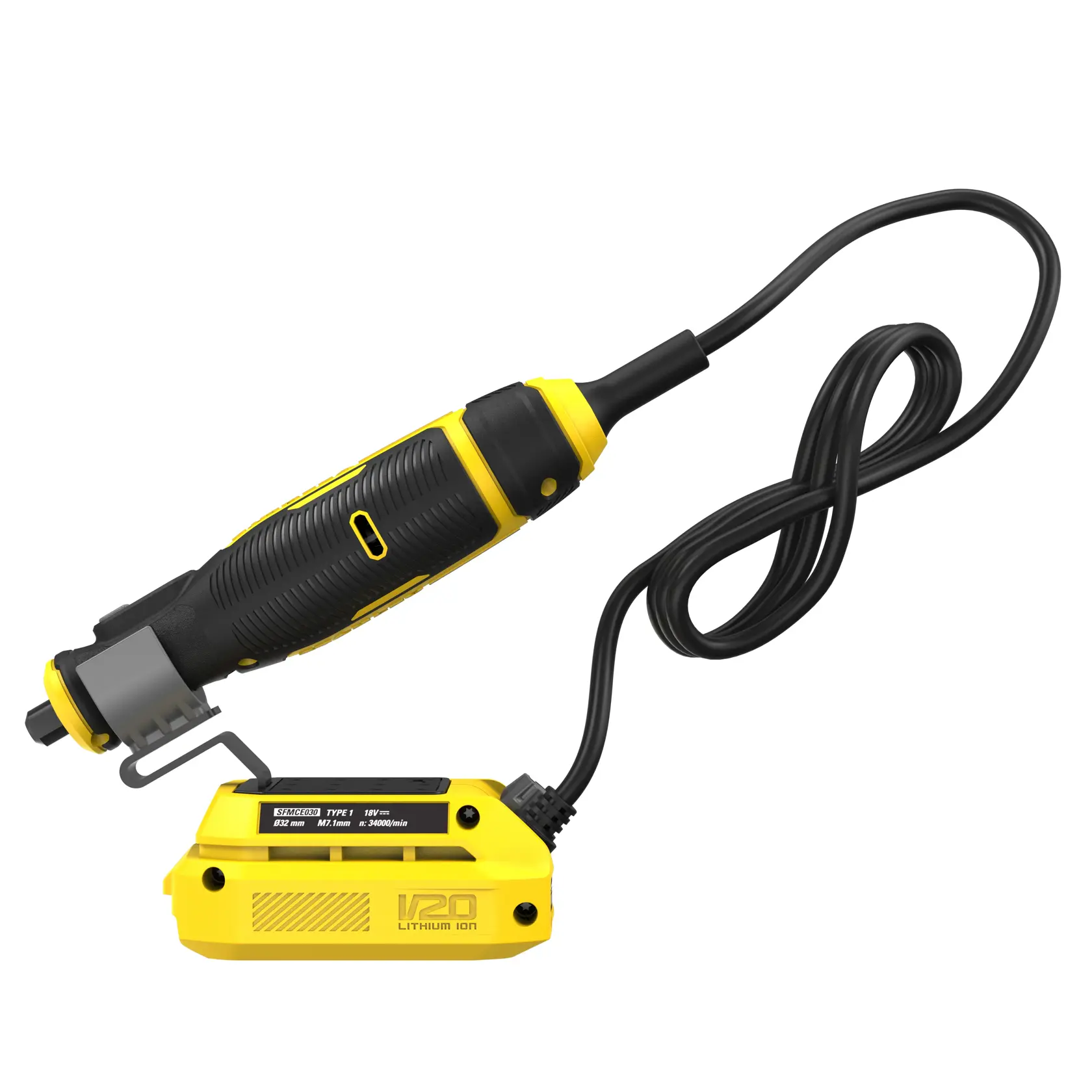 Utensile rotante STANLEY SFMCE030B con corpo nero e giallo, vista laterale con batteria agli ioni di litio V20 collegata.