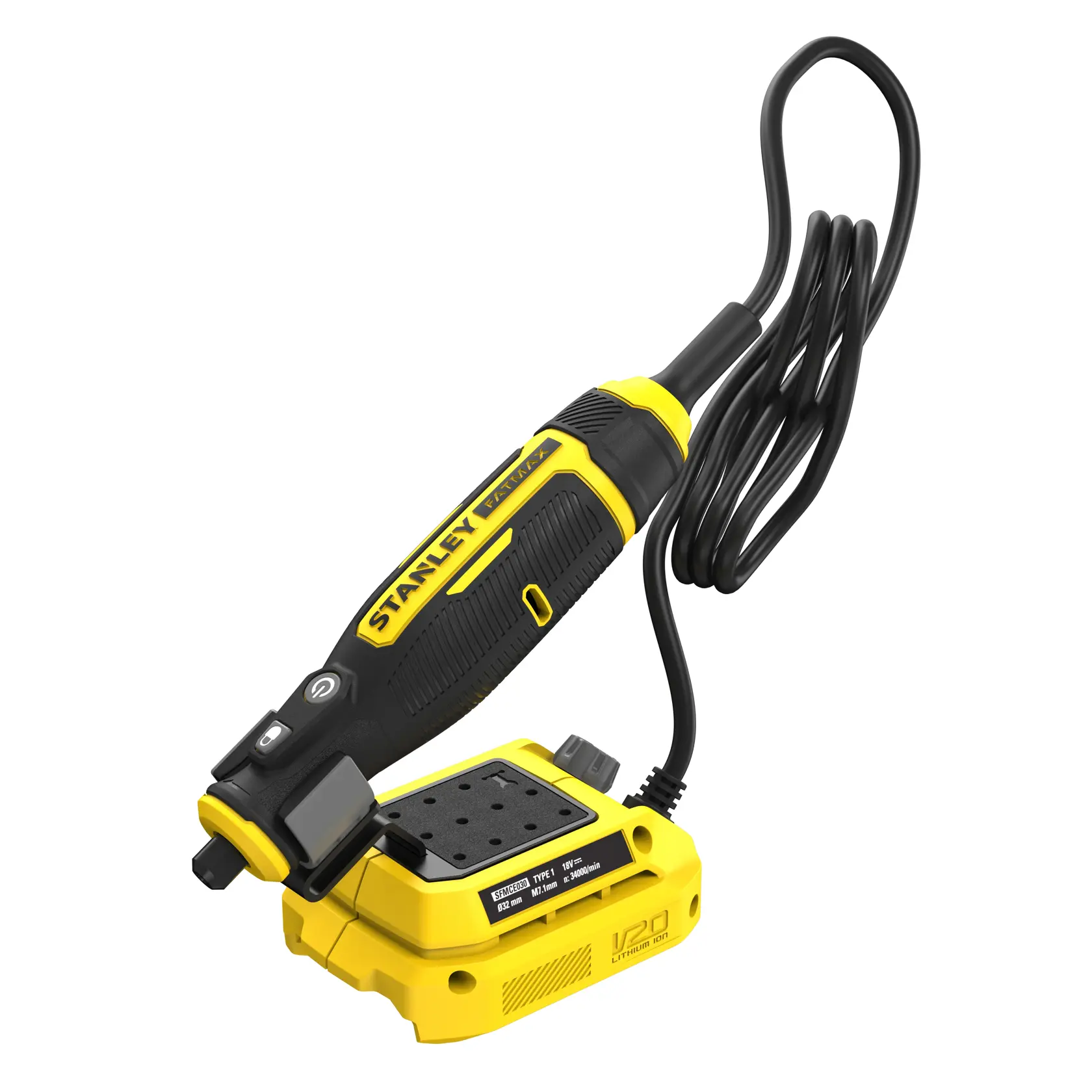 Foto dell’utensile rotante STANLEY SFMCE030B nero e giallo, base V20 e cavo di alimentazione, inquadratura angolata su sfondo bianco.