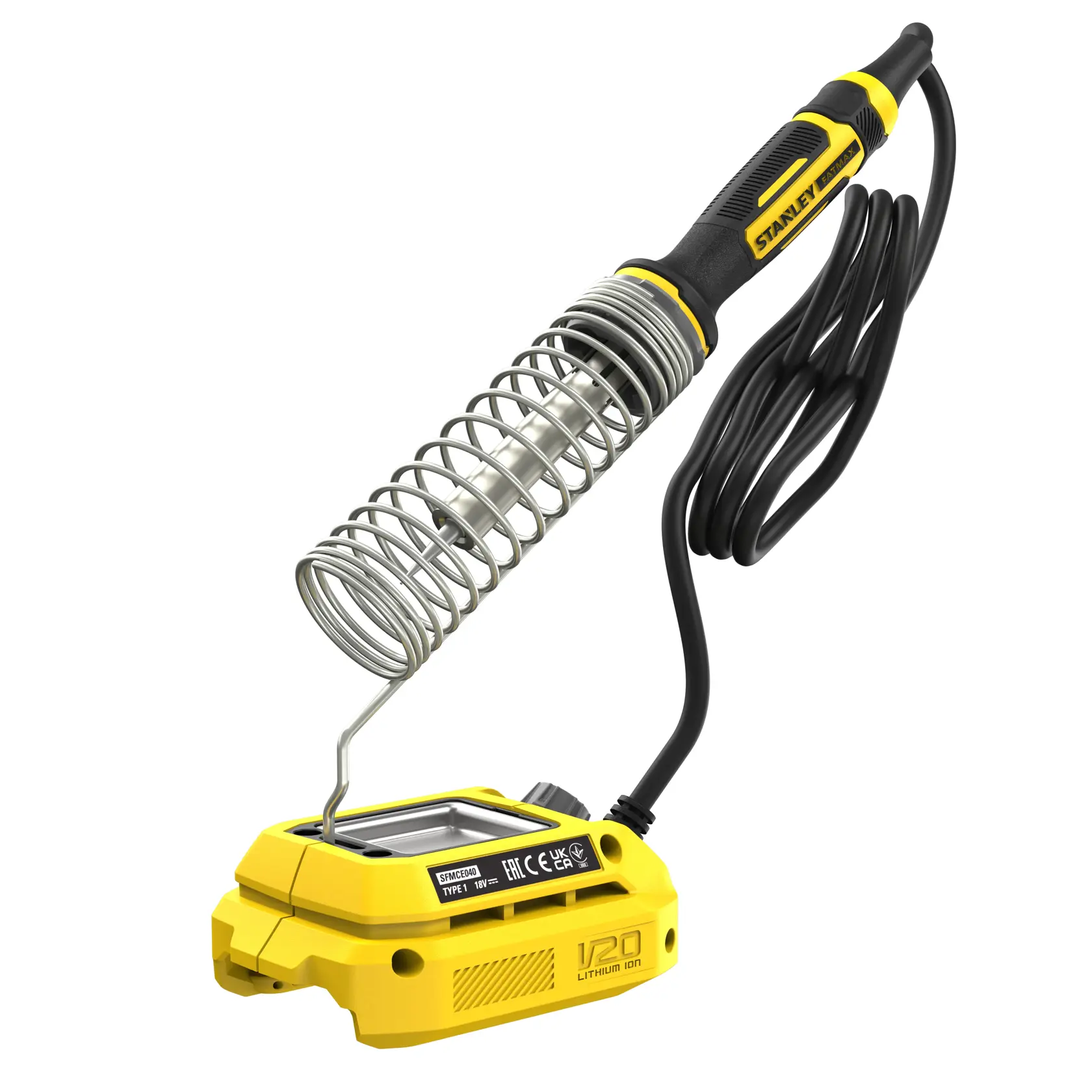 STANLEY SFMCE040B saldatore con manico nero e giallo, supporto a spirale e base di alimentazione su sfondo bianco.