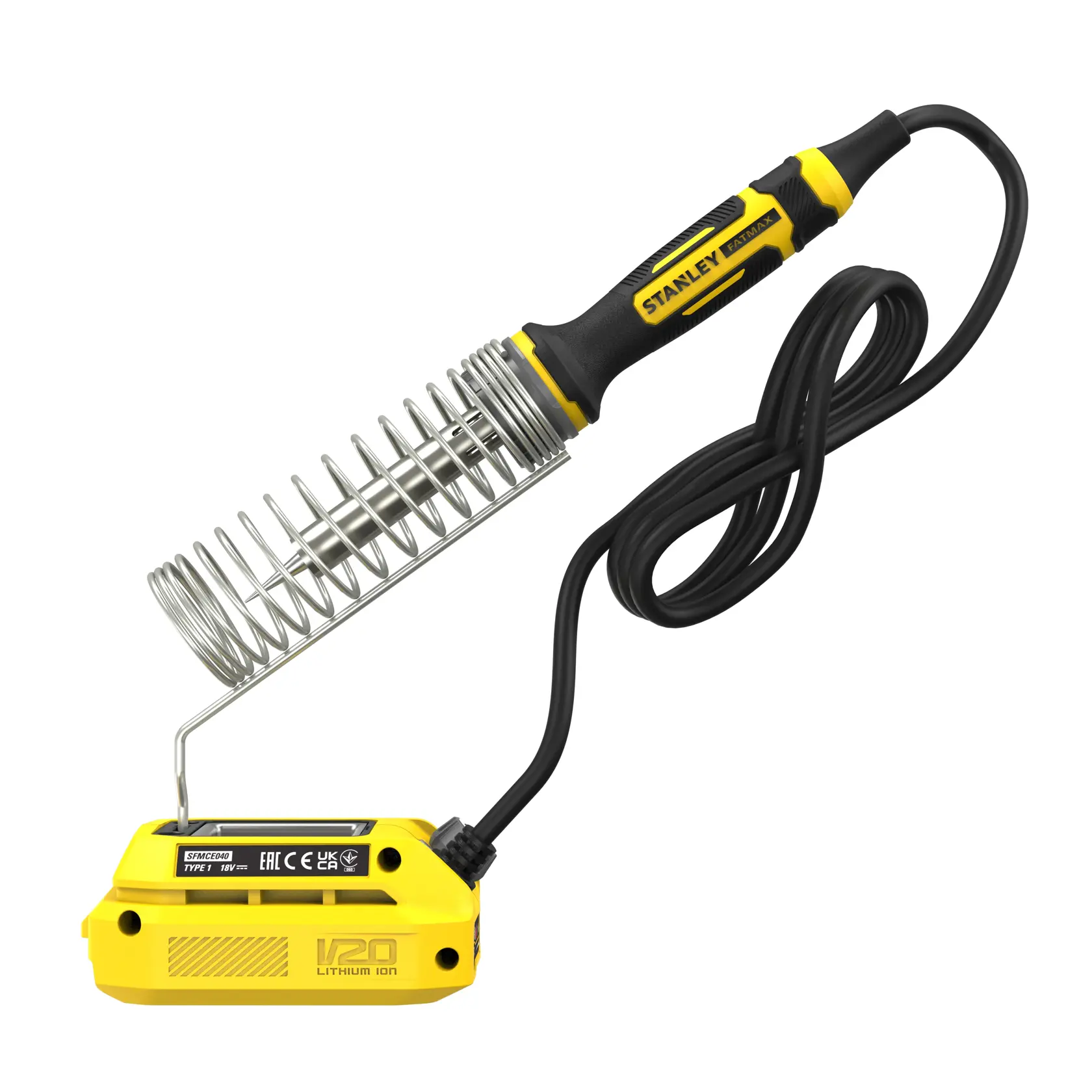 Saldatore senza fili STANLEY SFMCE040B con impugnatura gialla e nera, batteria al litio V20, vista frontale.