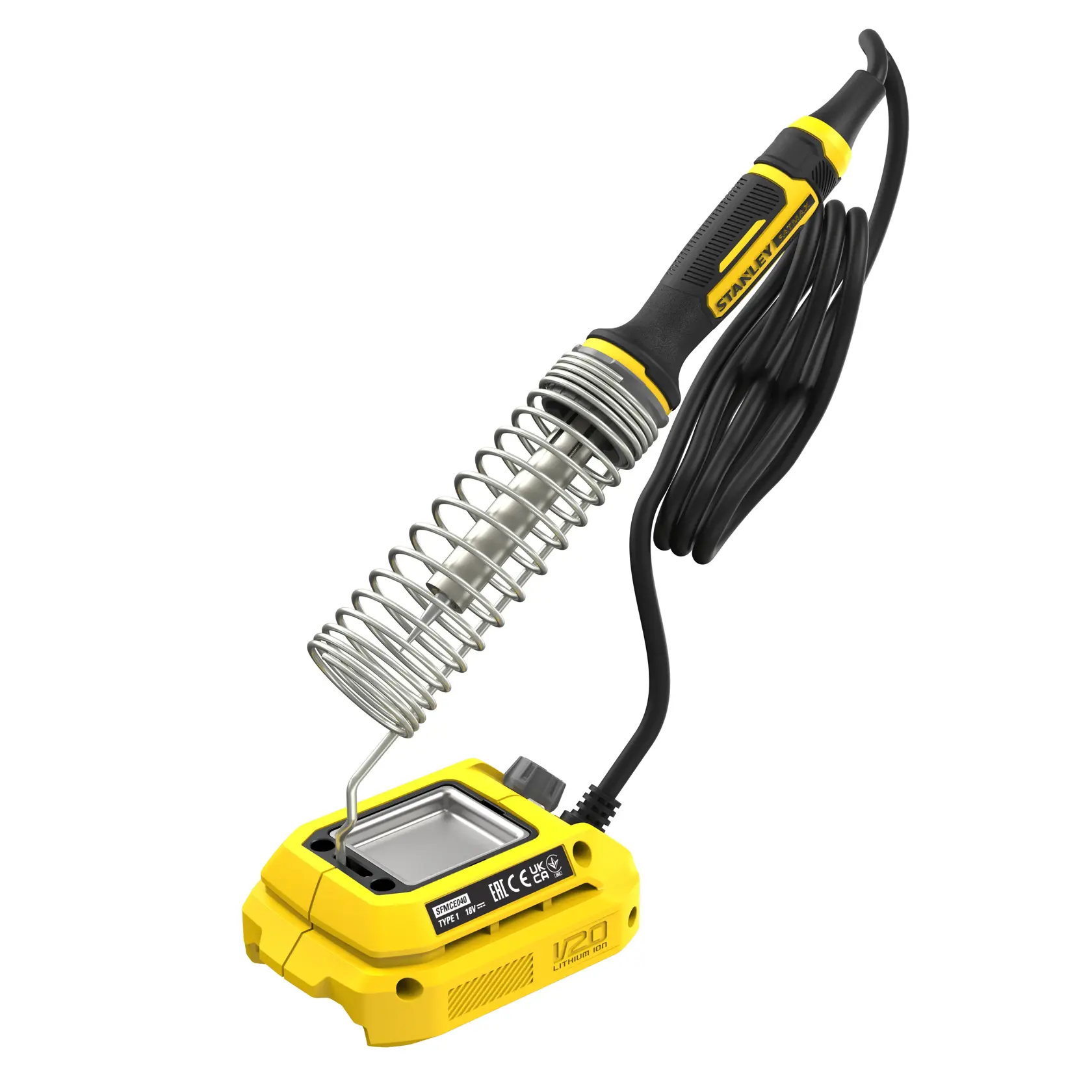 STANLEY SFMCE040B saldatore con manico giallo e nero su sfondo bianco, base e supporto a spirale inclusi.