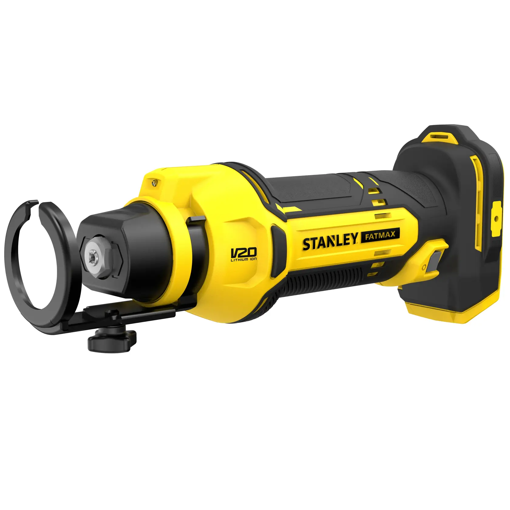 STANLEY SFMCE200B outil rotatif sans fil jaune et noir vu de côté sur fond blanc.