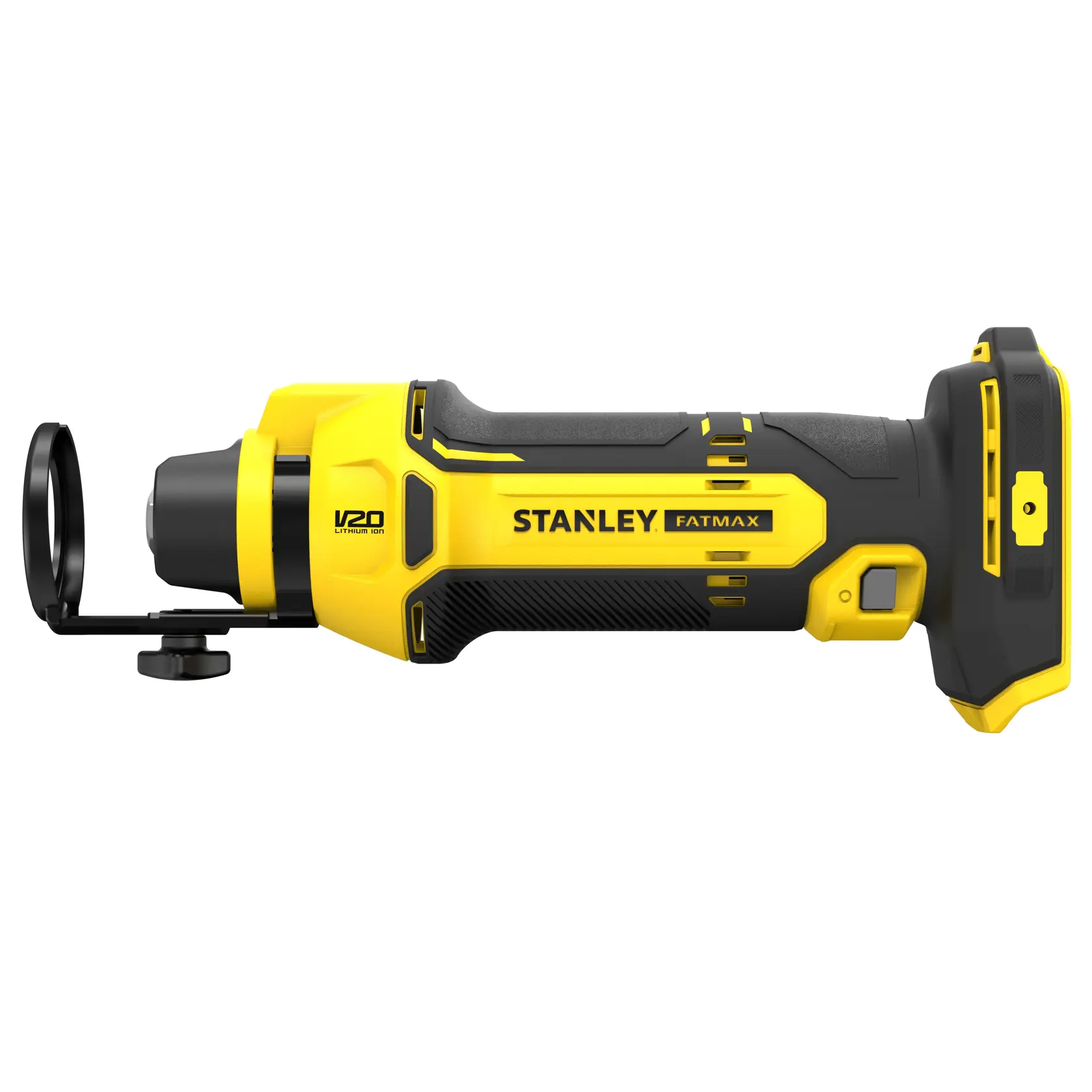STANLEY SFMCE200B outil rotatif jaune et noir, vue latérale sur fond blanc.