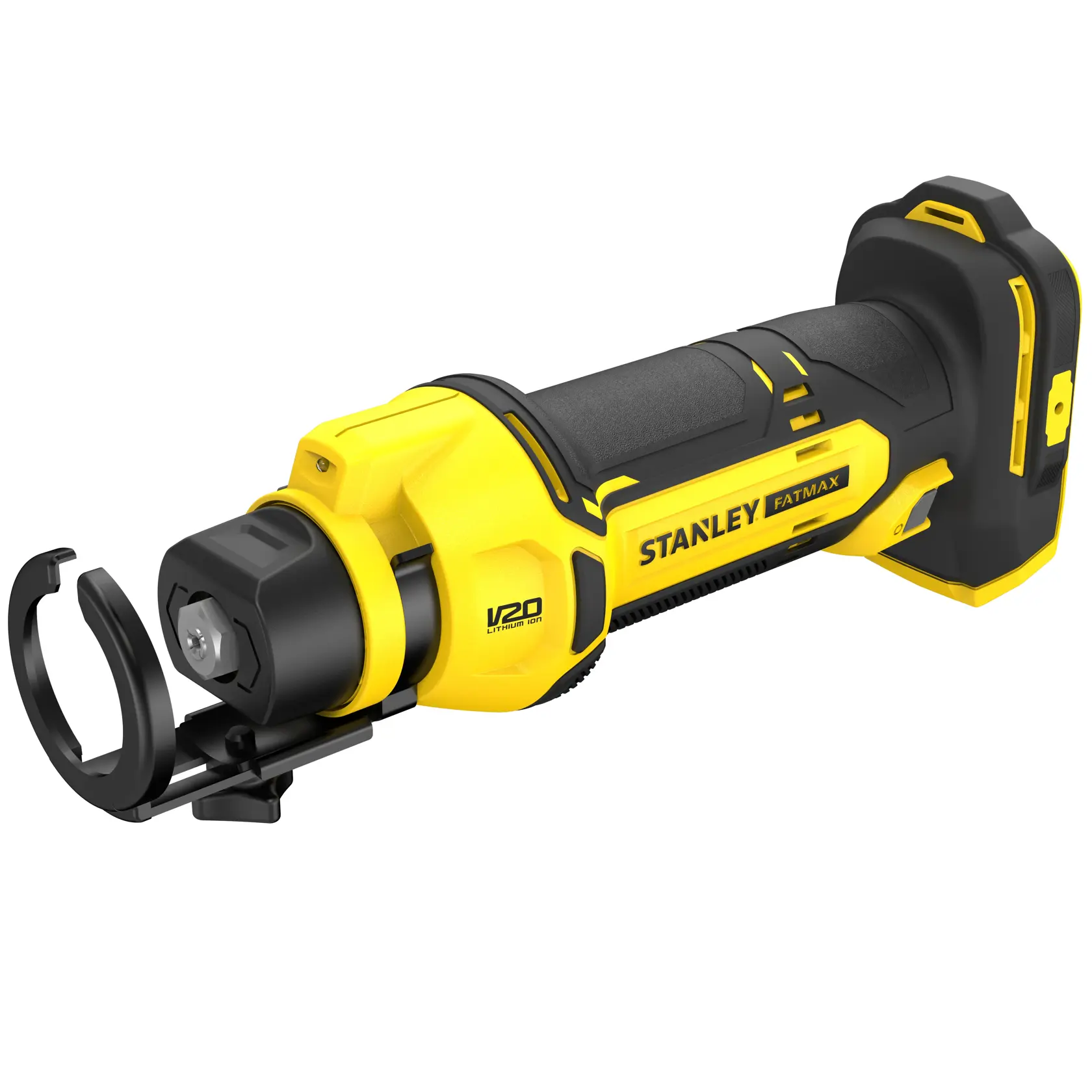 STANLEY SFMCE200B photographie d’outil rotatif sans fil jaune et noir, vue en angle sur fond blanc.