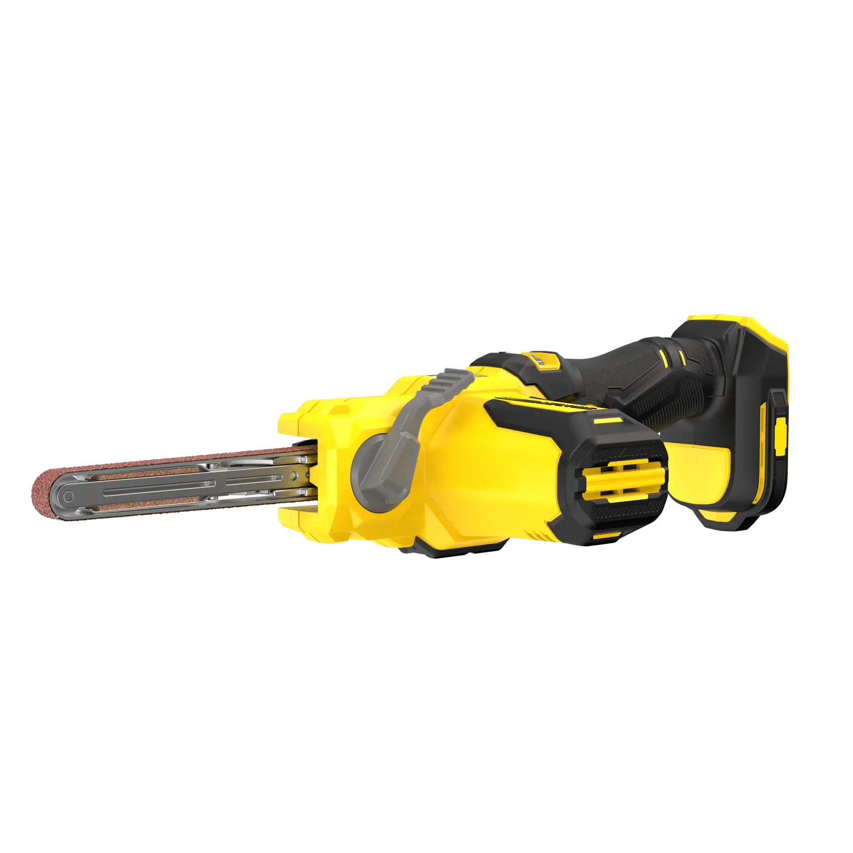 STANLEY SFMCE210B cordless belt sander, yellow and black, side angle on white background.