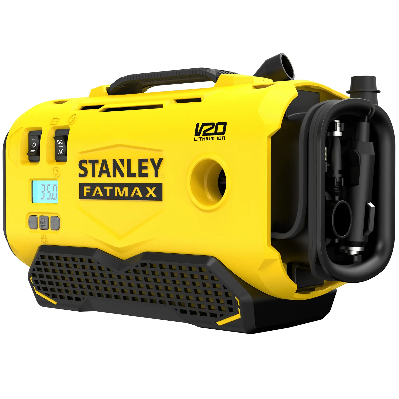 STANLEY SFMCE520B compresseur d'air portable jaune V20 FATMAX, angle latéral avec tuyau et affichage numérique visibles.
