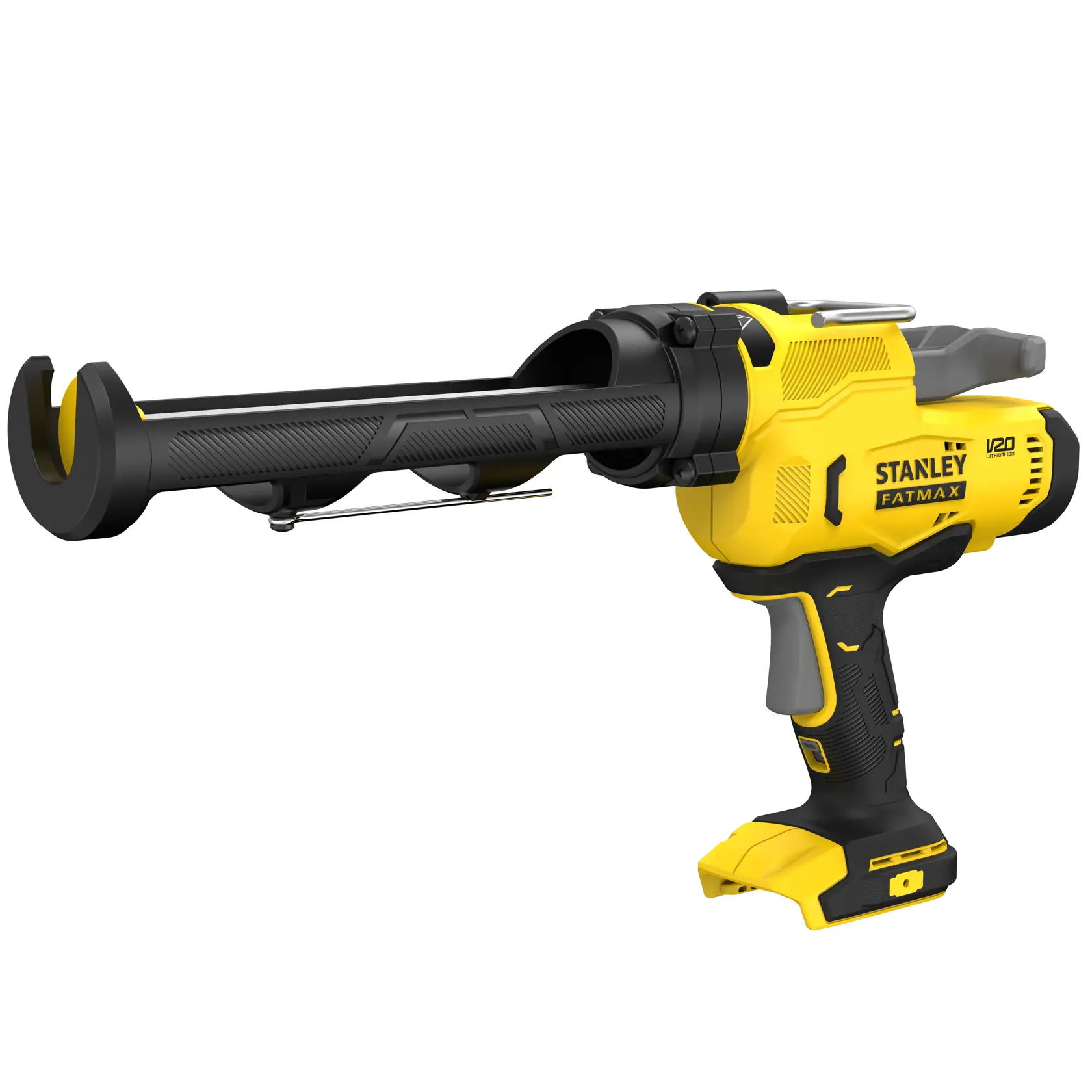 STANLEY SFMCE600B pistolet à mastic sans fil, jaune et noir, vue latérale du produit sur fond blanc.