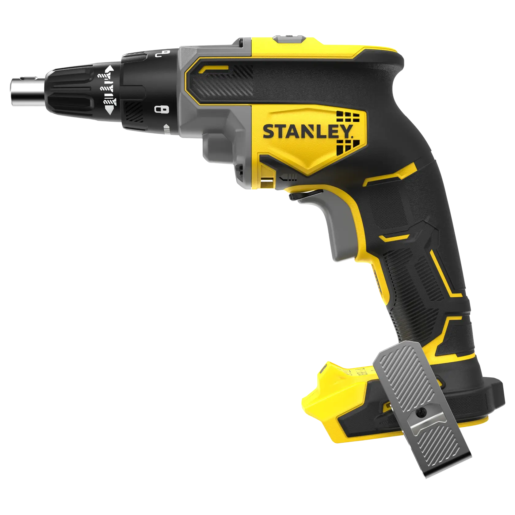 STANLEY SFMCF600B tournevis sans fil, vue latérale, poignée noire et jaune, réglage de précision, photographie produit.