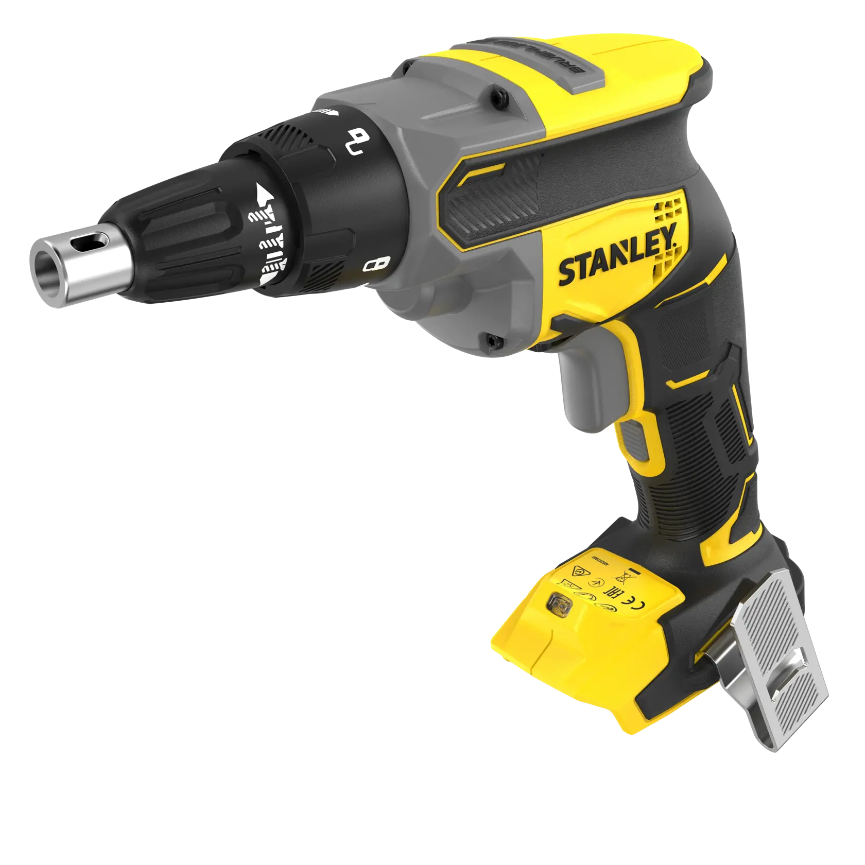 Photo de la visseuse sans fil STANLEY SFMCF600B, jaune et noire, vue latérale sur fond blanc.