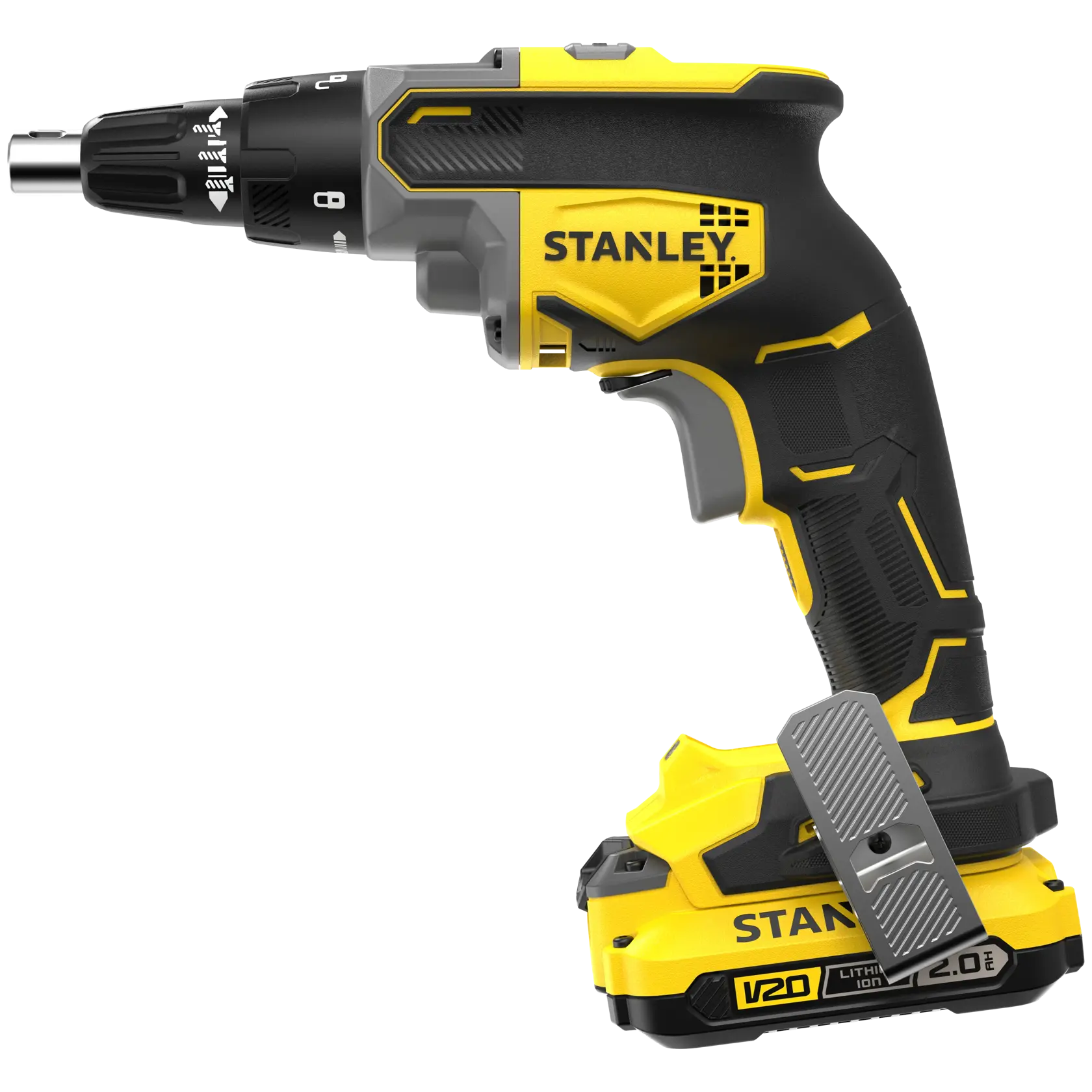 STANLEY SFMCF600D1S tournevis sans fil, noir et jaune, vue latérale droite, poignée ergonomique, batterie V20 lithium-ion.