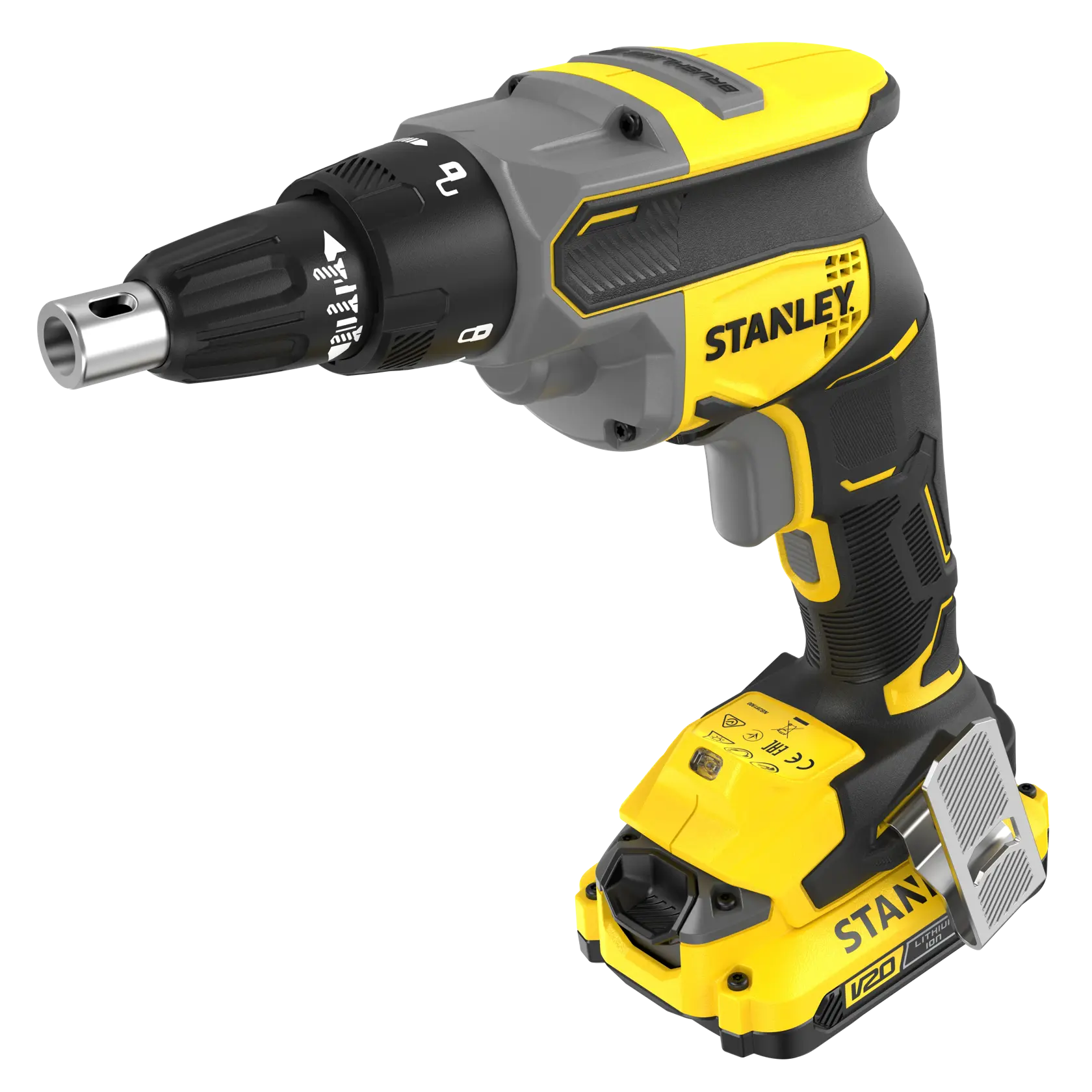 STANLEY SFMCF600D1S tournevis sans fil, jaune et noir, vue latérale sur fond blanc.