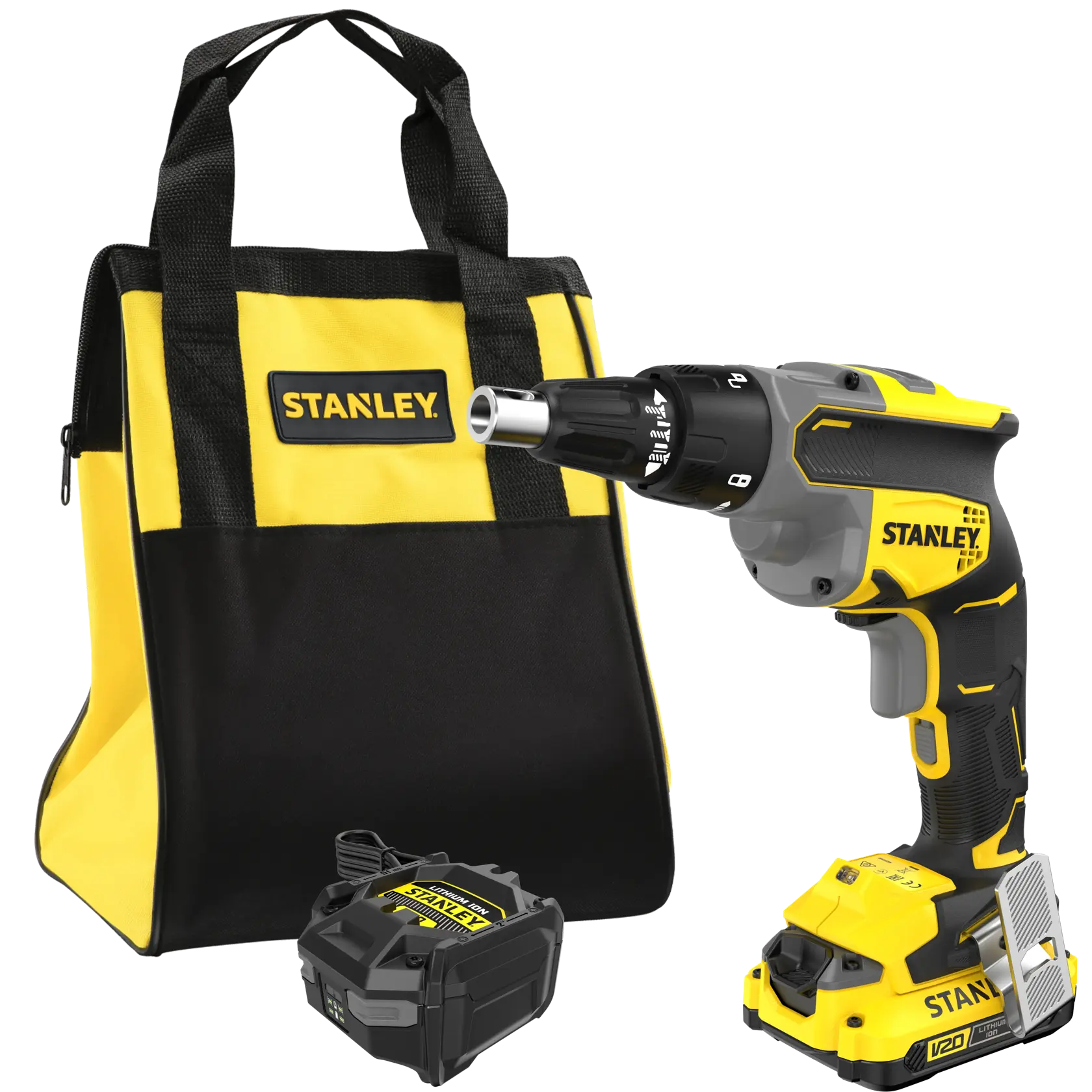 Set de tournevis sans fil Stanley avec sac à outils et chargeur, jaune et noir.