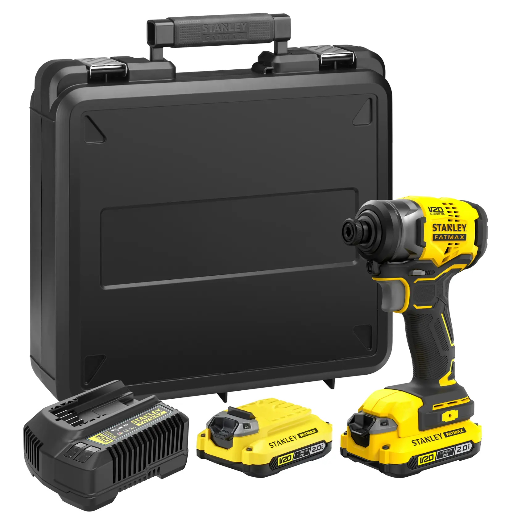 STANLEY SFMCF810D2K impact driver kit with case, charger and two yellow V20 batteries, front angle.