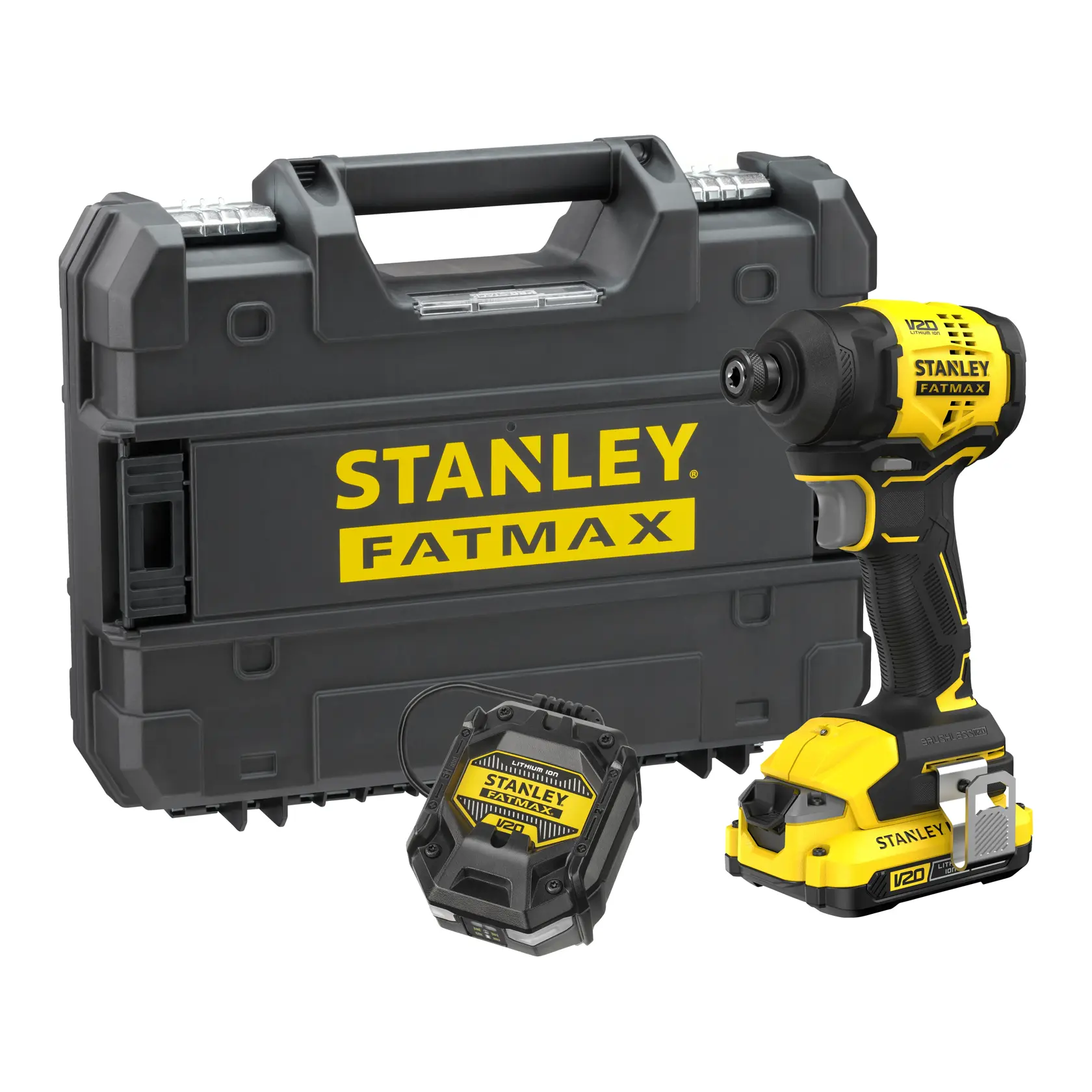 Kit STANLEY SFMCF811D1T V20 visseuse à choc avec mallette noire et batterie, photo de face.