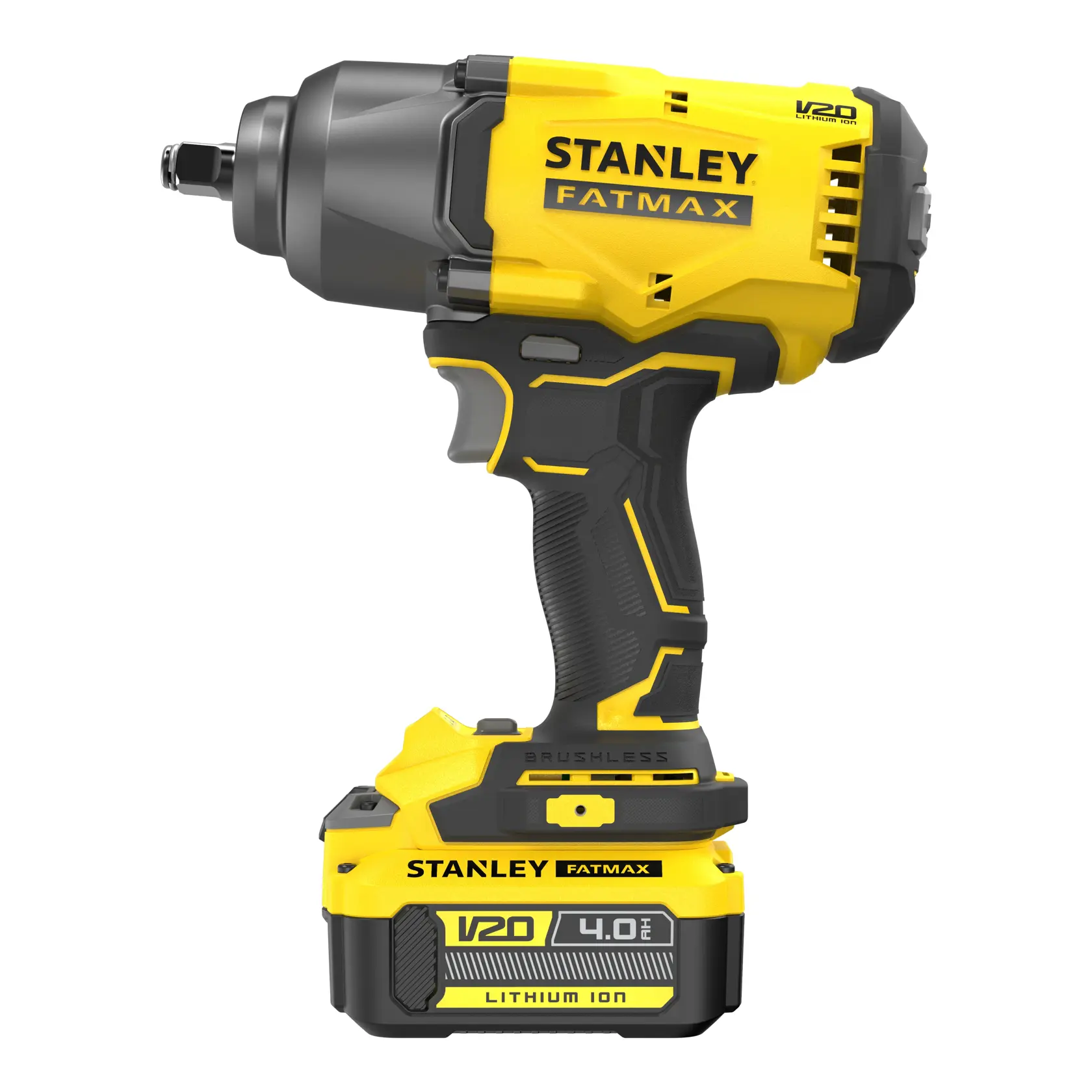 STANLEY SFMCF940M1 avvitatore a impulsi senza fili, giallo e nero, angolo laterale, serie V20 FATMAX.