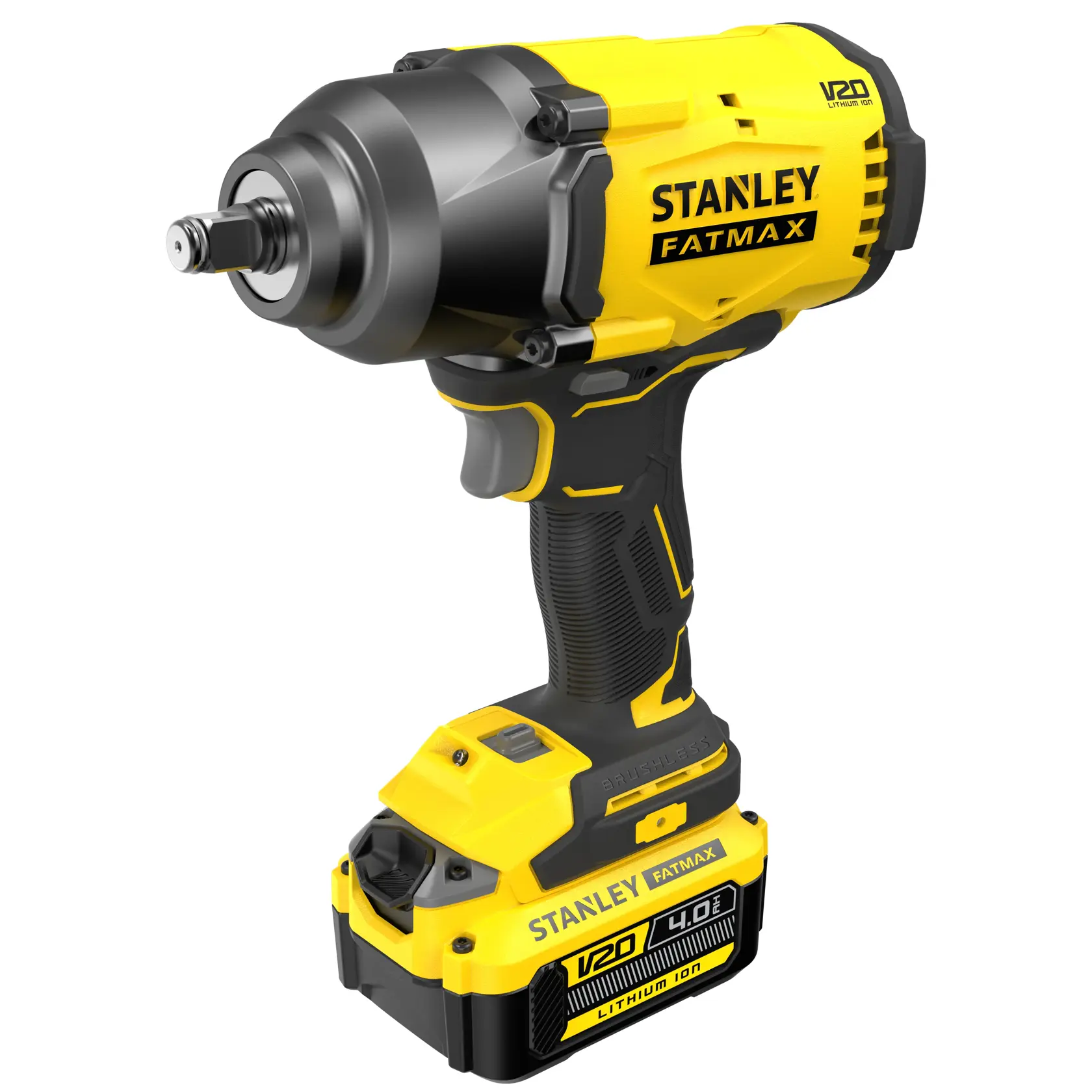 STANLEY SFMCF940M1 V20 Fatmax avvitatore a impulsi cordless, giallo e nero, foto angolo frontale.
