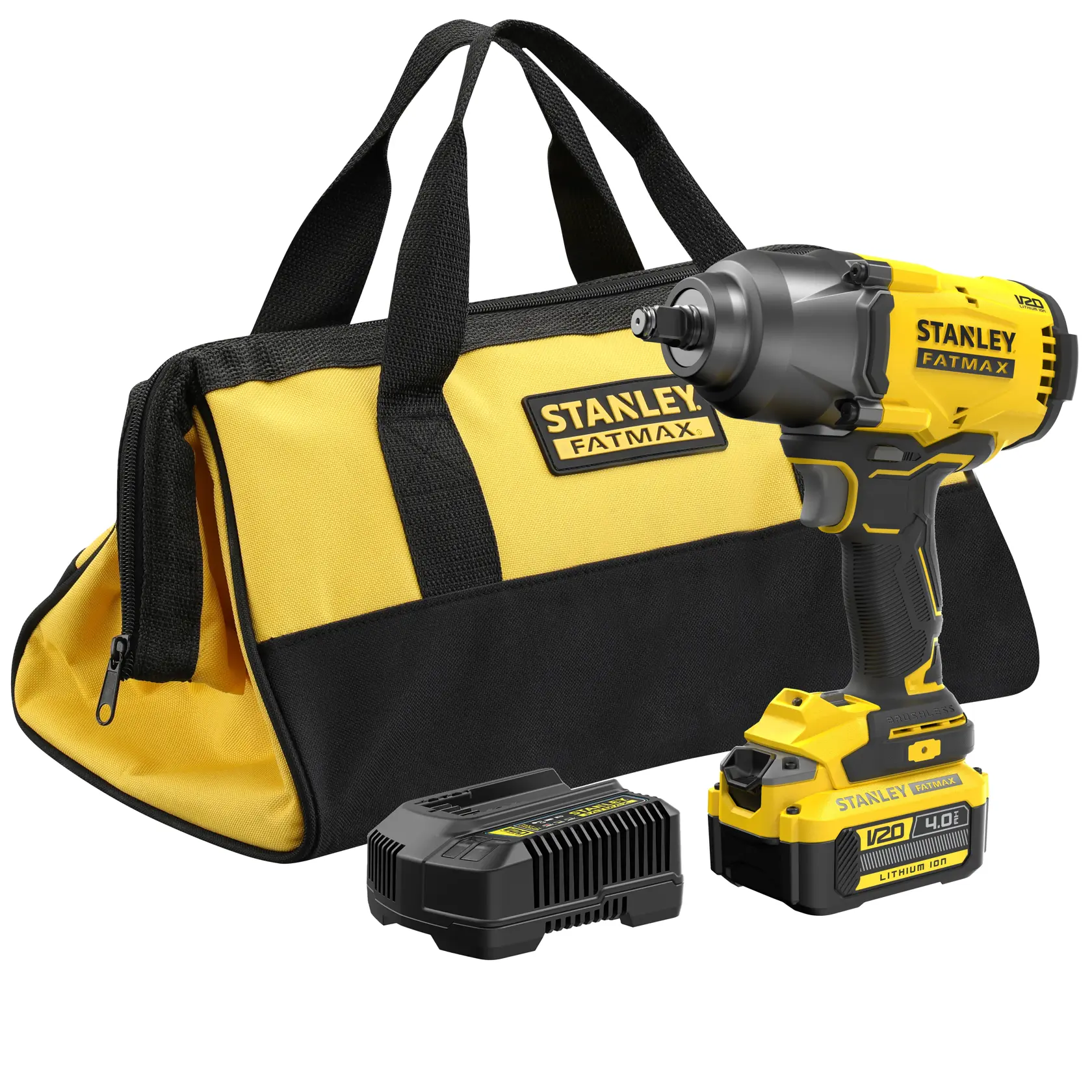 STANLEY SFMCF940M1 clé à choc sans fil, jaune et noire, vue latérale sur fond blanc.