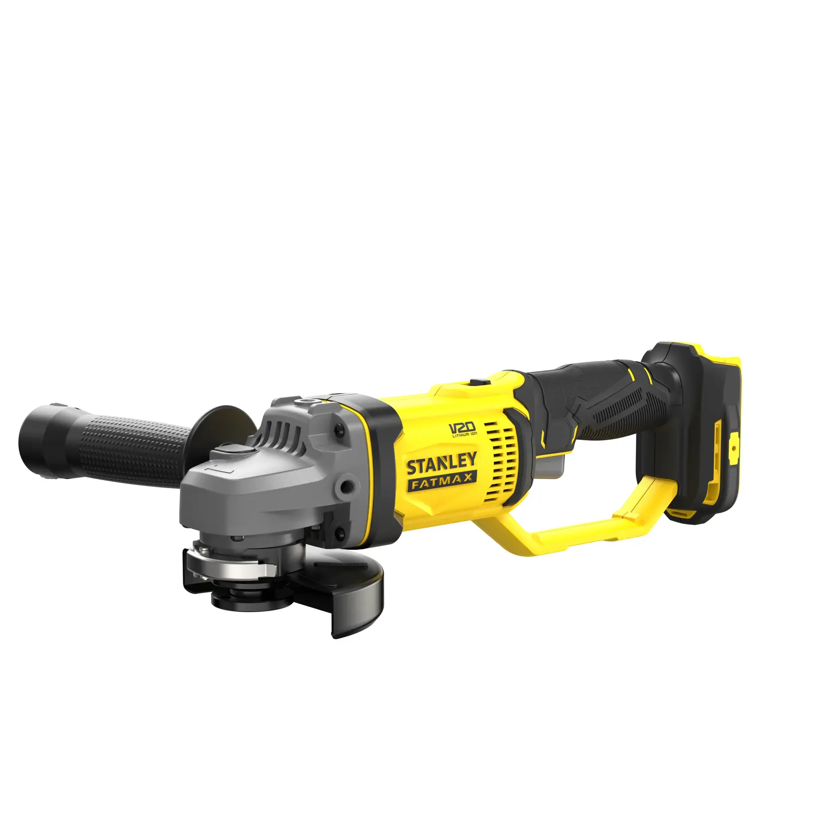 Photo de la meuleuse angulaire sans fil STANLEY SFMCG300B, jaune et noire, vue latérale du produit.