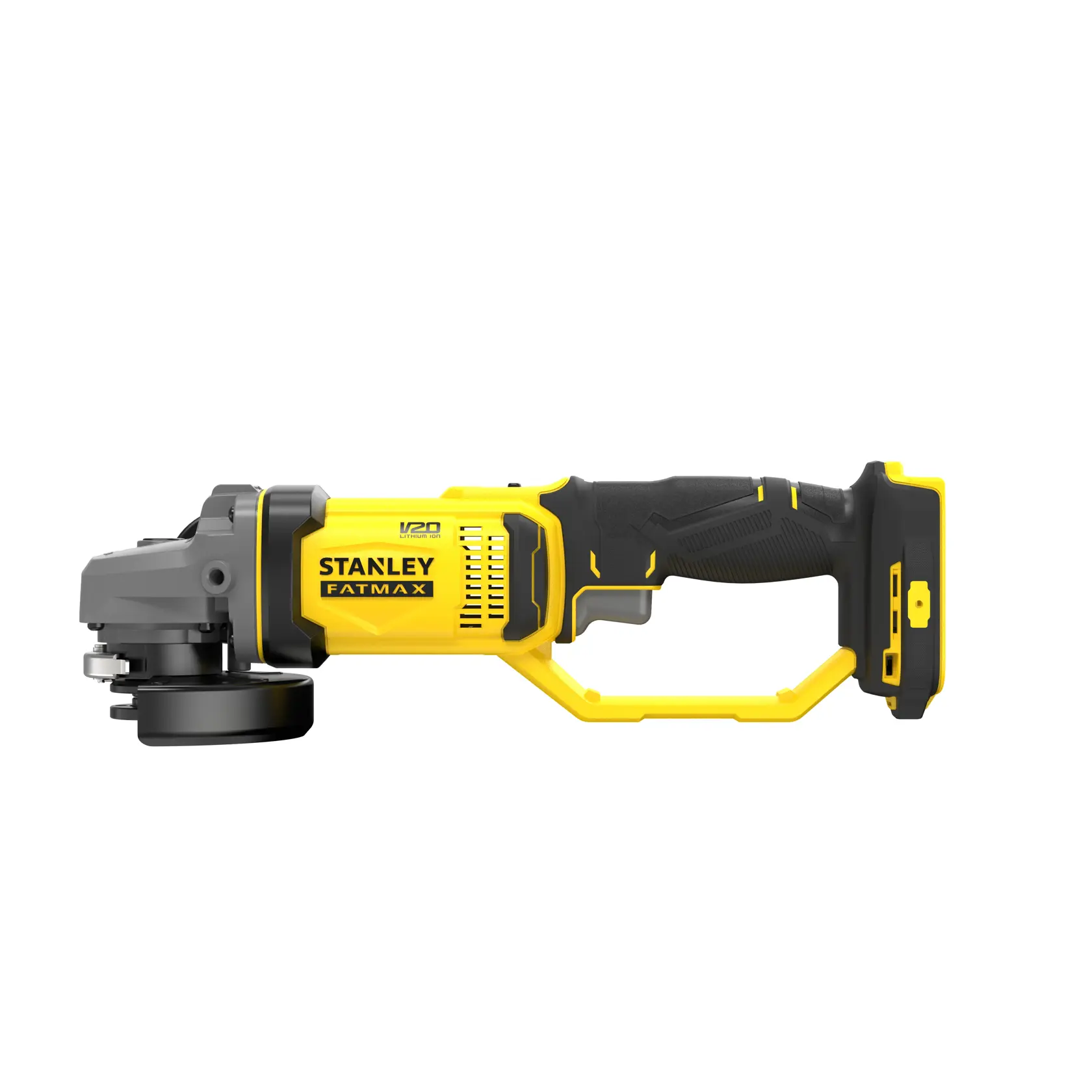 STANLEY SFMCG300B meuleuse angulaire sans fil, jaune et noire, vue latérale, photographie d’outil électroportatif.